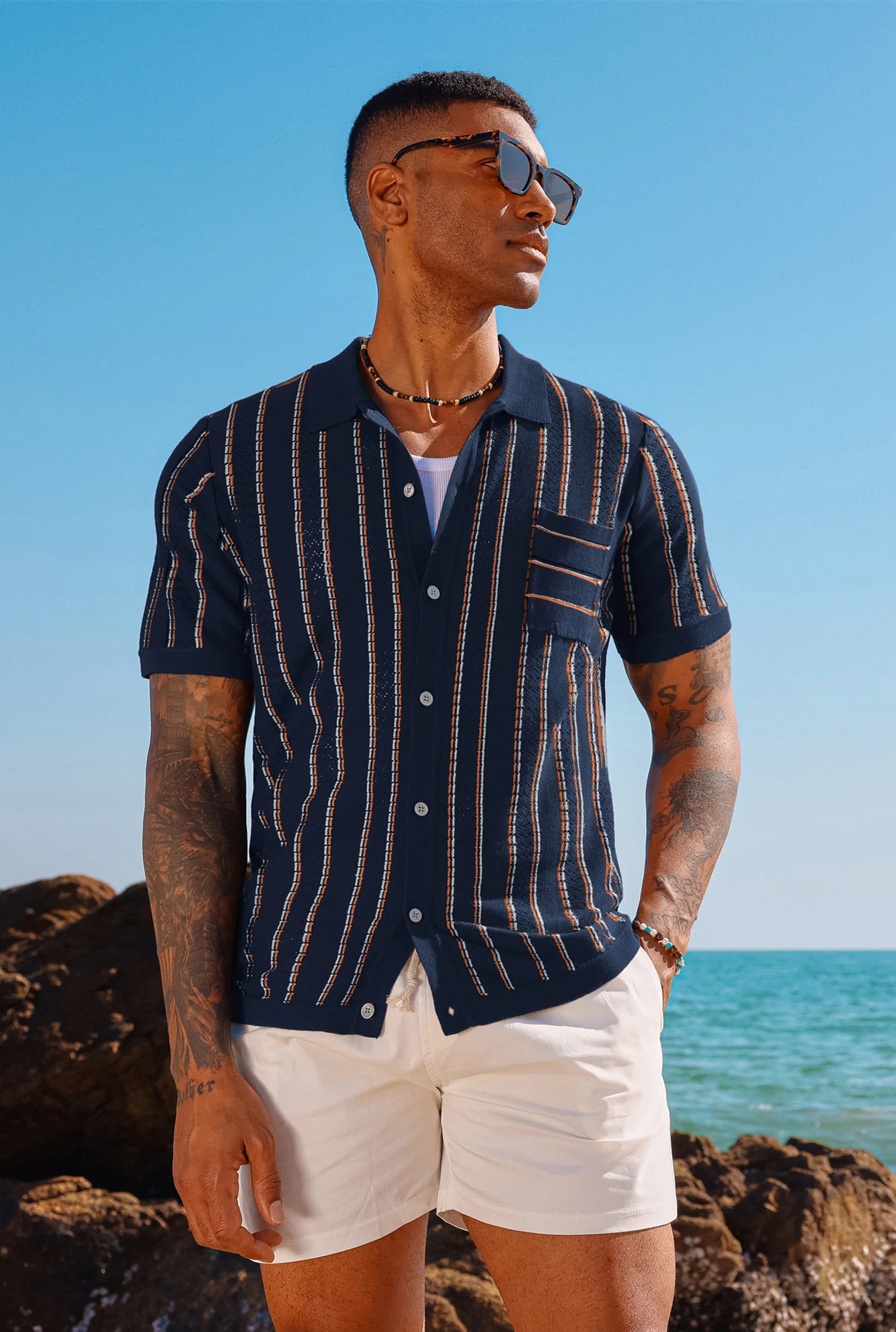 Men Contrast Color Cardigan Short Sleeve Knit Shirt Lapel Collar Button-up Sweater - Image 8
