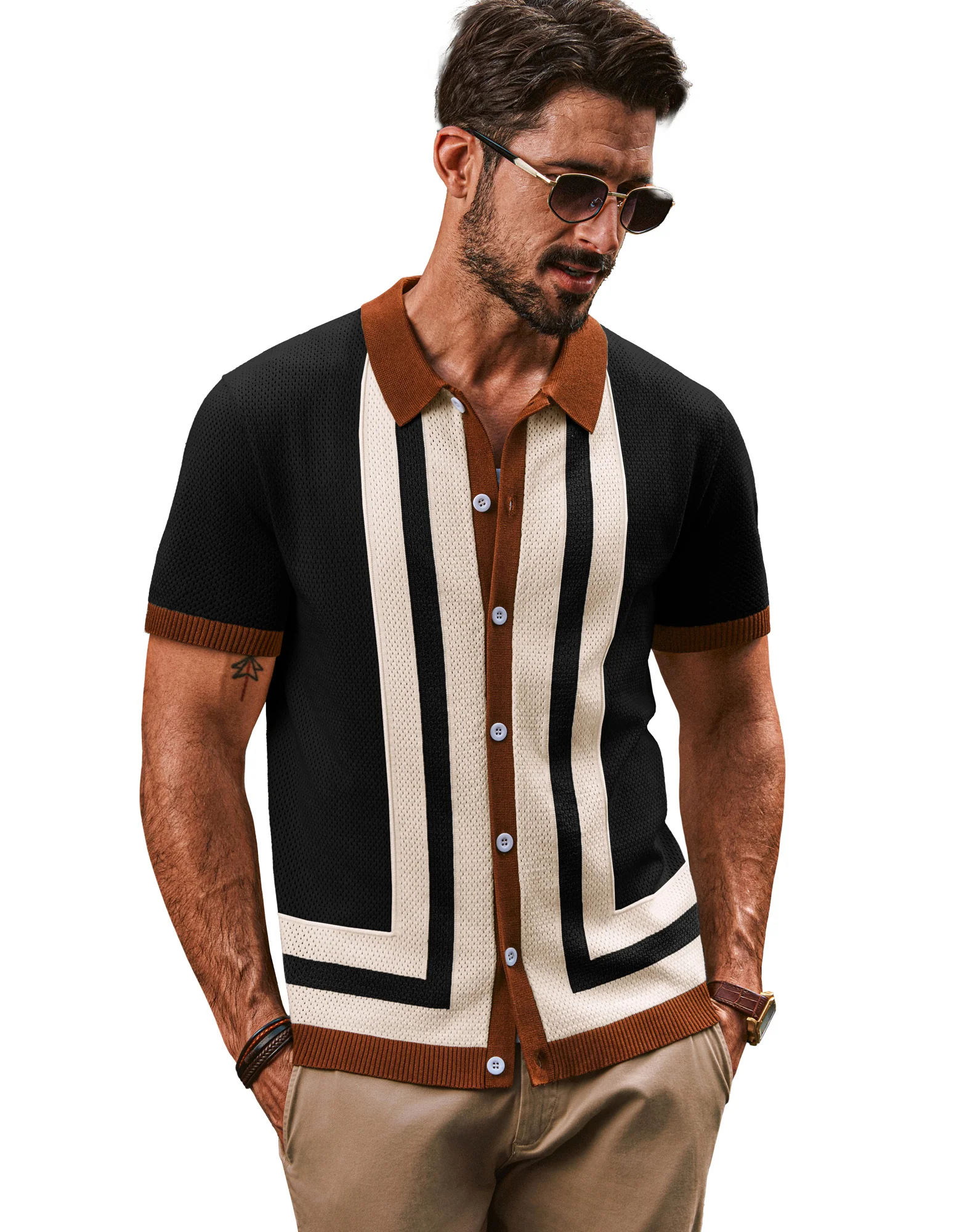 Men Contrast Color Cardigan Short Sleeve Lapel Collar Button-up Sweater - Image 6
