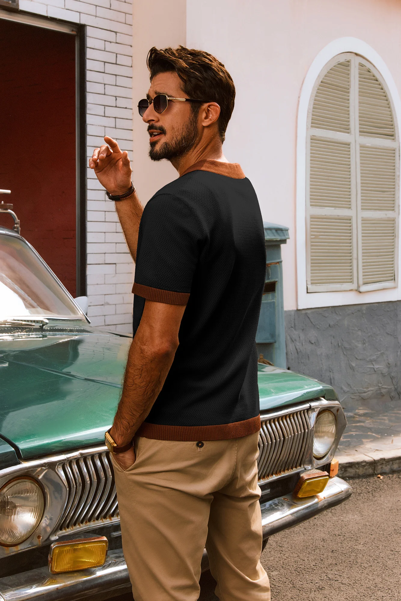 Men Contrast Color Cardigan Short Sleeve Lapel Collar Button-up Sweater - Image 8