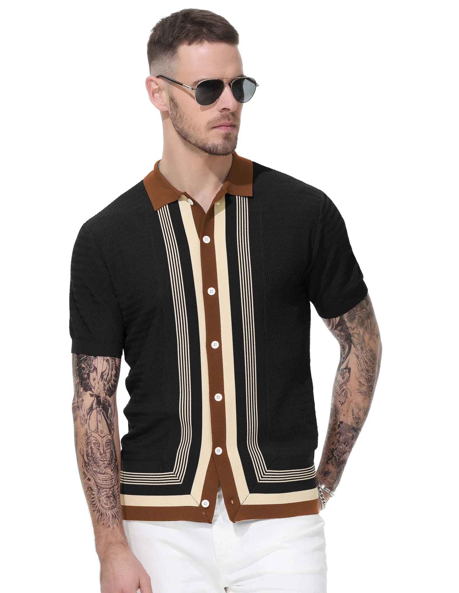 Men Contrast Color Cardigan Sweater Short Sleeve Lapel Button-up Knitwear - Image 11