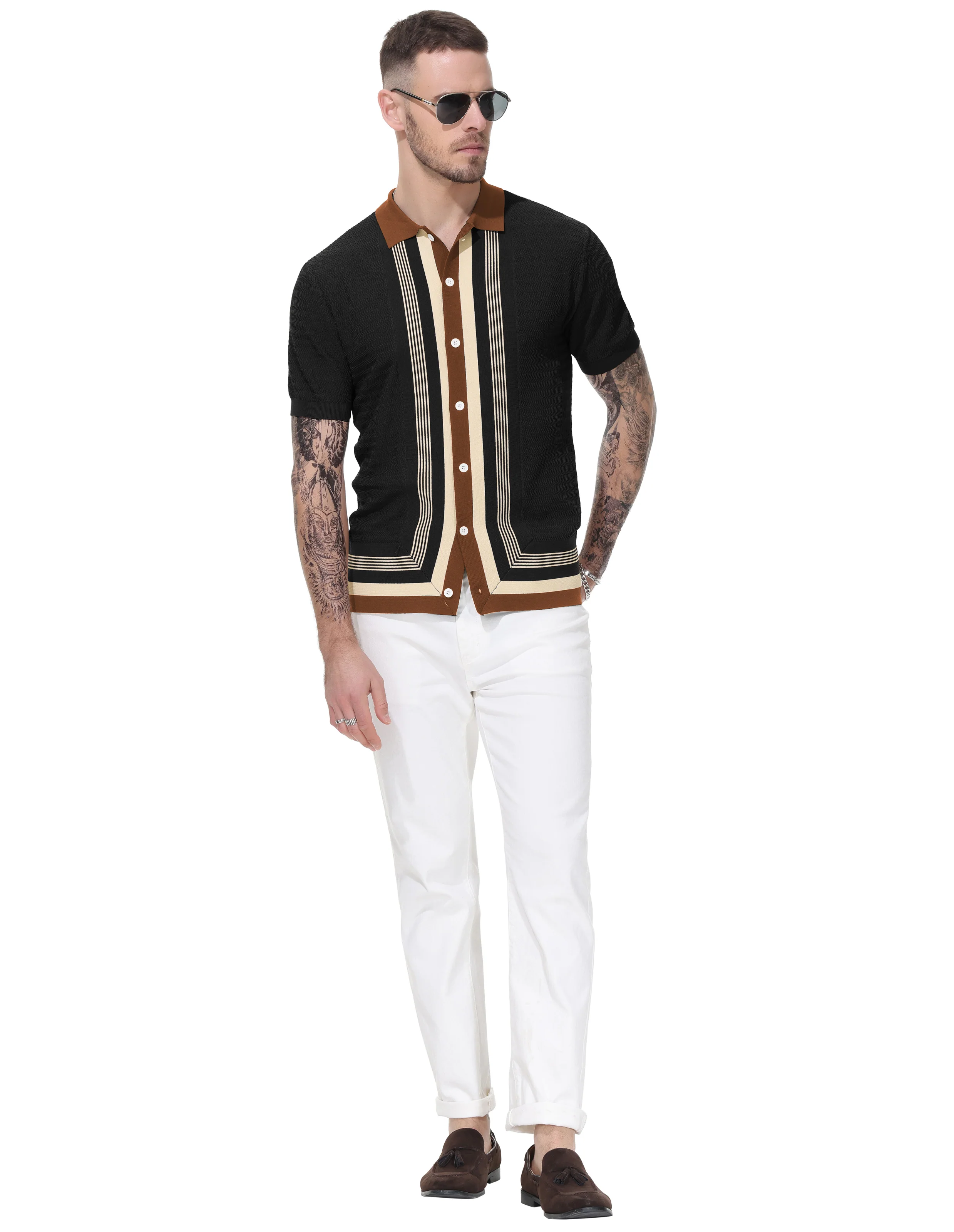 Men Contrast Color Cardigan Sweater Short Sleeve Lapel Button-up Knitwear - Image 12
