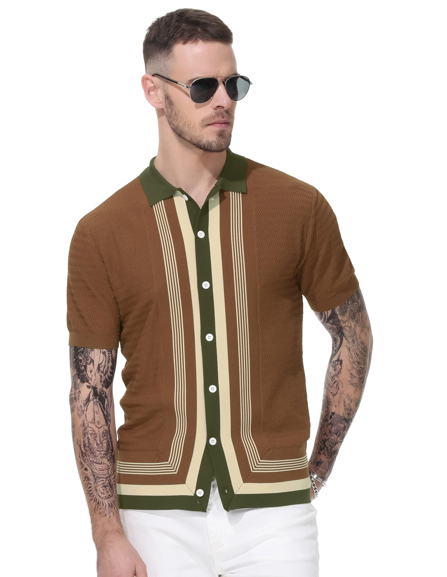 Men Contrast Color Cardigan Sweater Short Sleeve Lapel Button-up Knitwear - Image 19