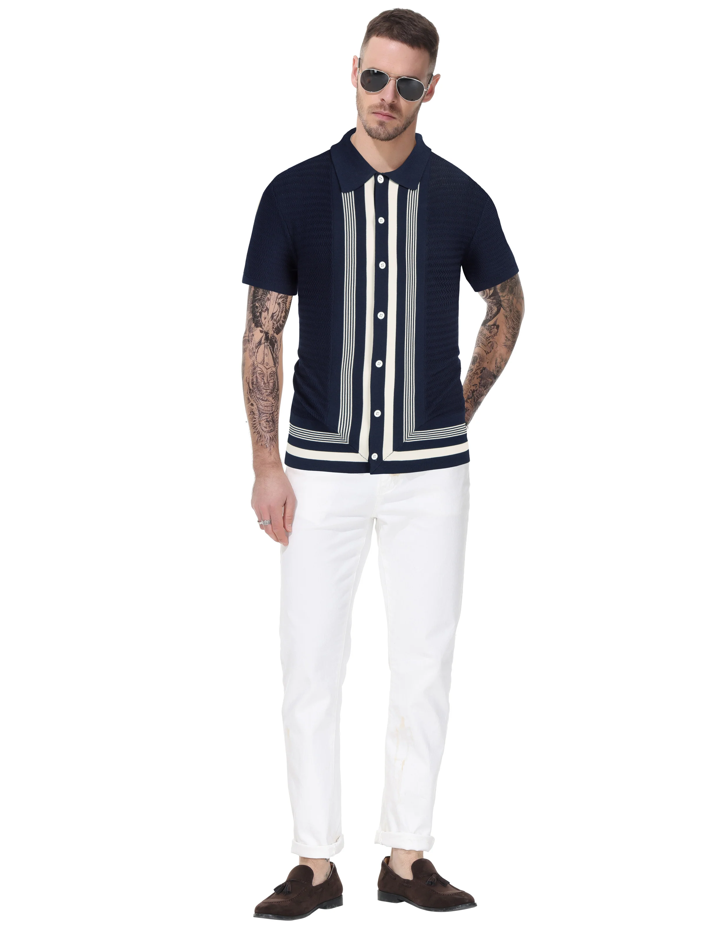 Men Contrast Color Cardigan Sweater Short Sleeve Lapel Button-up Knitwear - Image 32