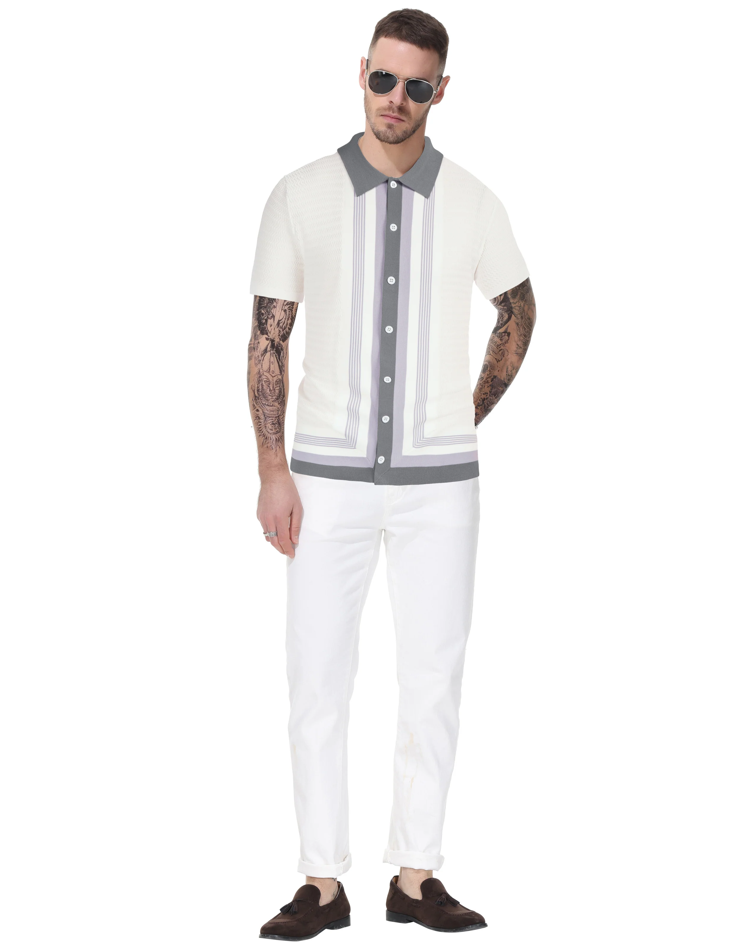Men Contrast Color Cardigan Sweater Short Sleeve Lapel Button-up Knitwear - Image 36