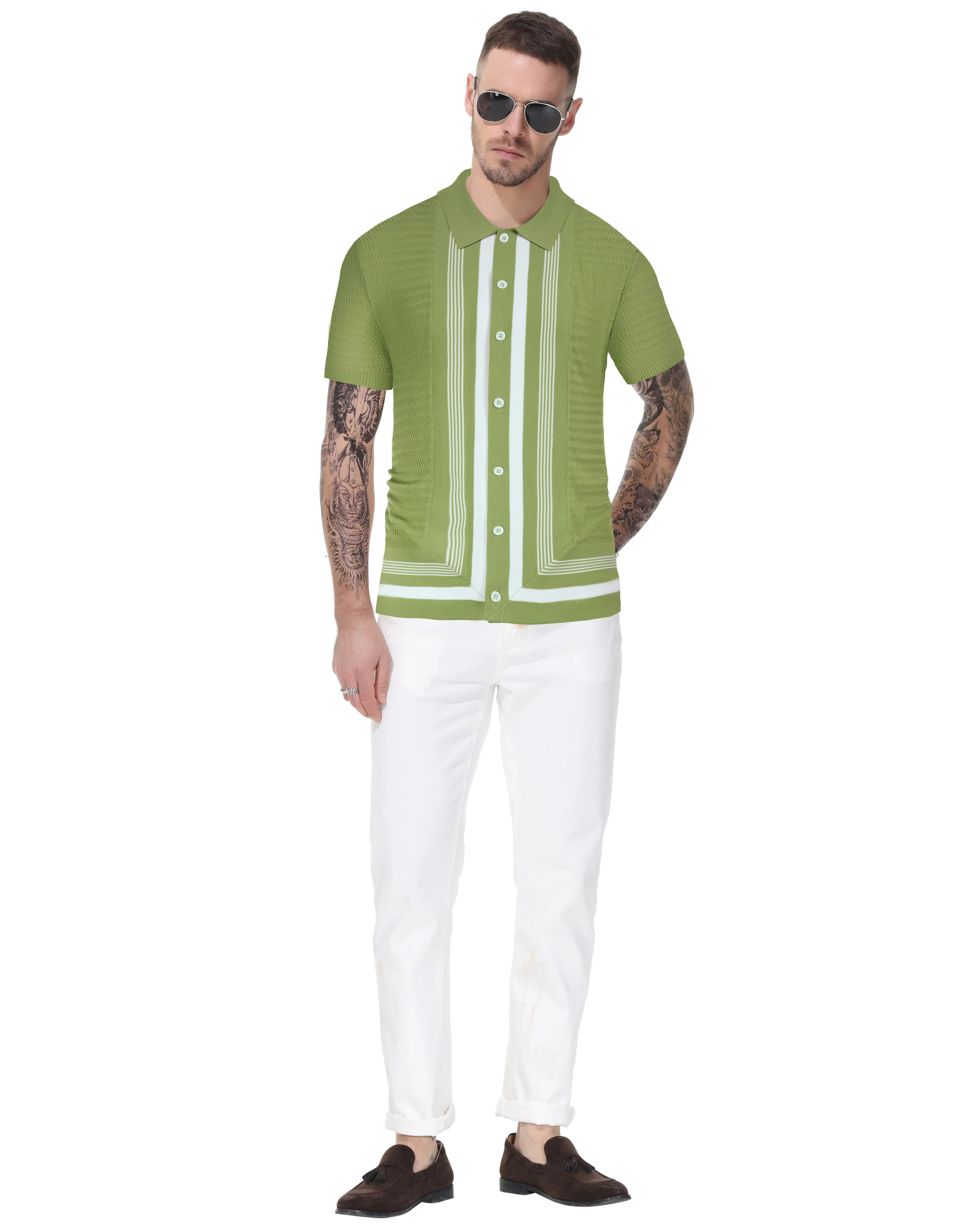 Men Contrast Color Cardigan Sweater Short Sleeve Lapel Button-up Knitwear - Image 48