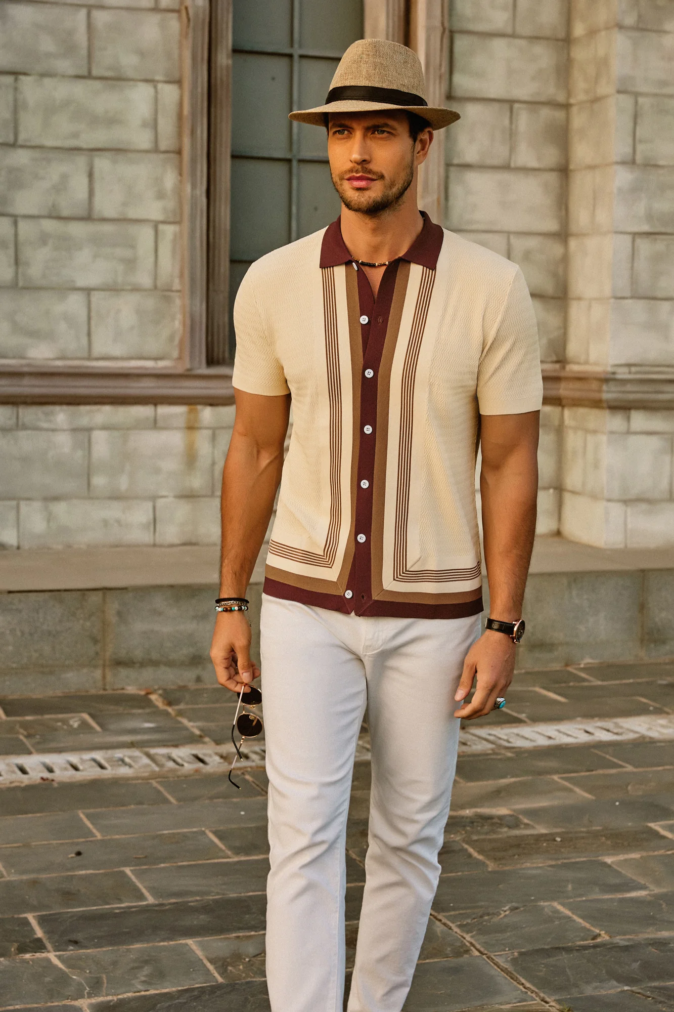 Men Contrast Color Cardigan Sweater Short Sleeve Lapel Button-up Knitwear - Image 8