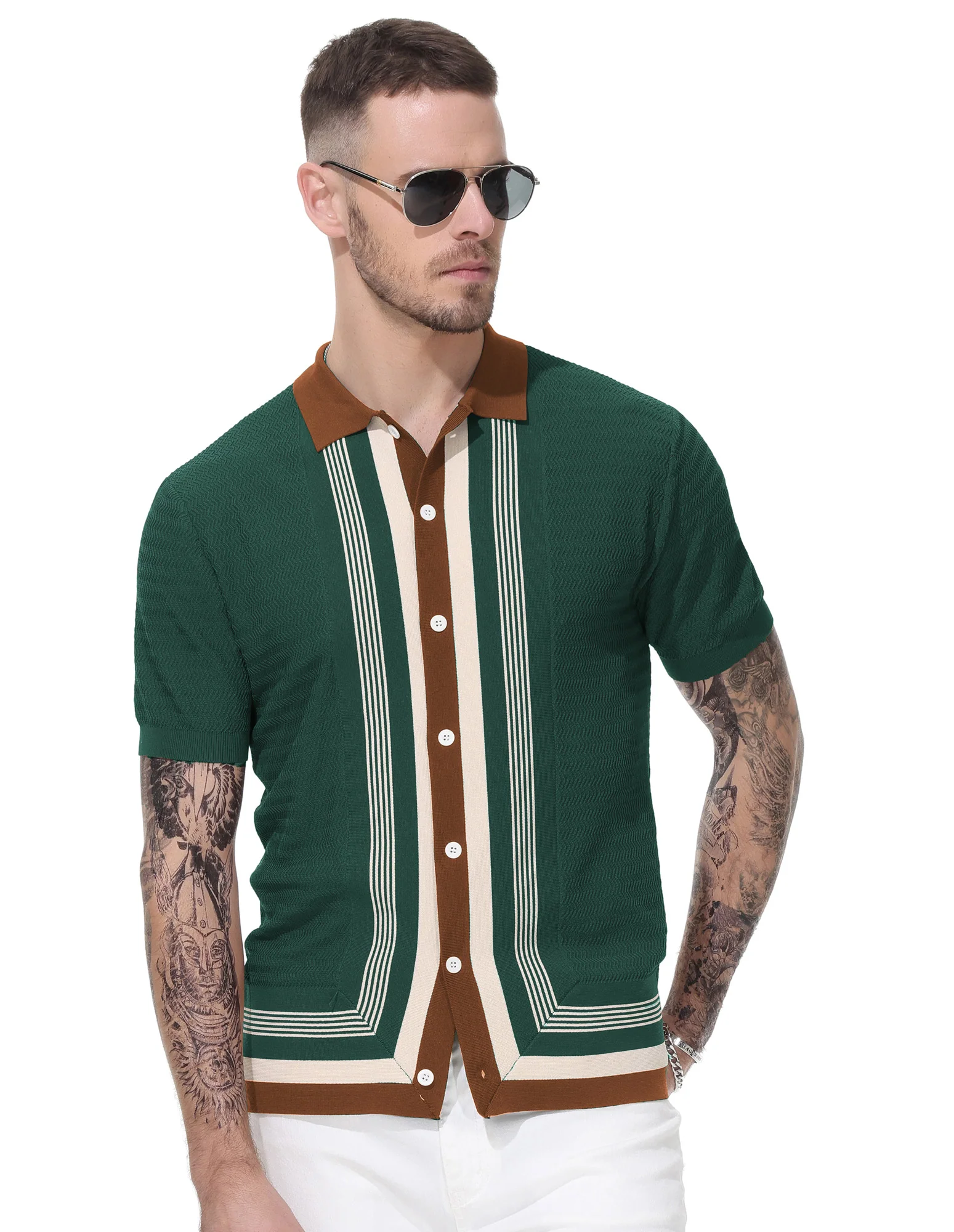Men's Vintage Stripe Knit Polo Shirts Short Sleeve Stylish Button Down Cardigan Sweater - Image 13