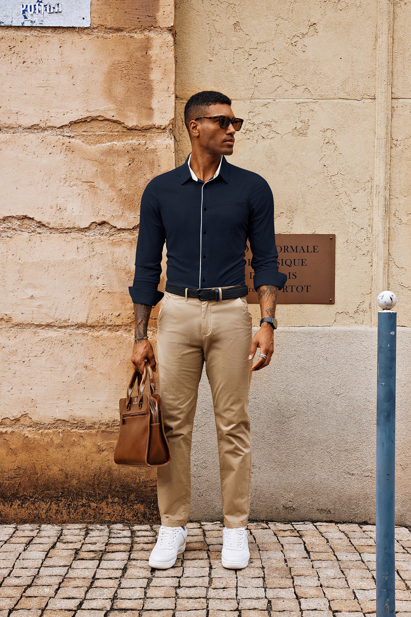 Men Contrast Color Shirt Long Sleeve Lapel Collar Curved Hem Button-up Tops - Image 11