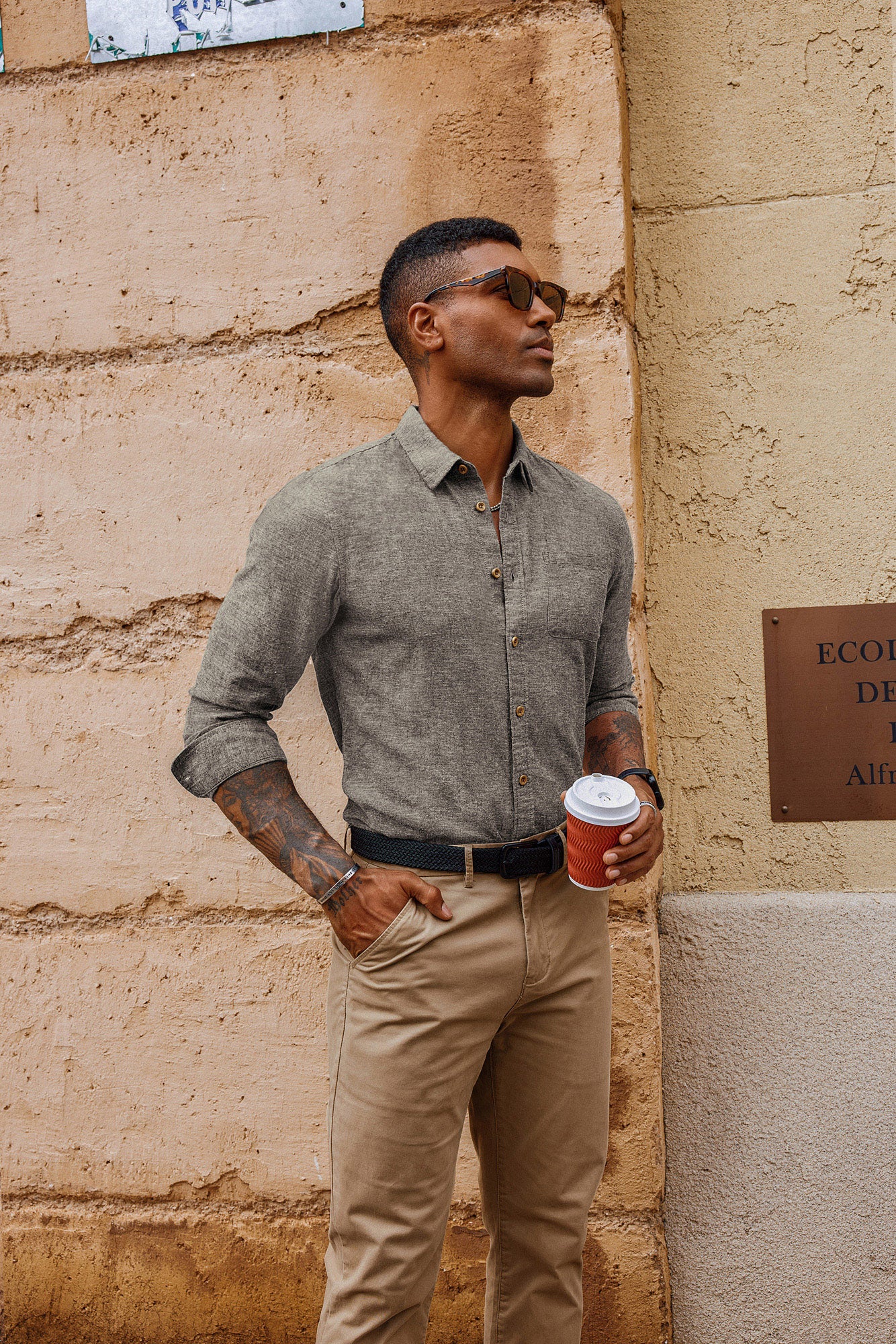 Men Cotton & Linen Shirt Casual Long Sleeve Lapel Collar Curved Hem Tops - Image 2