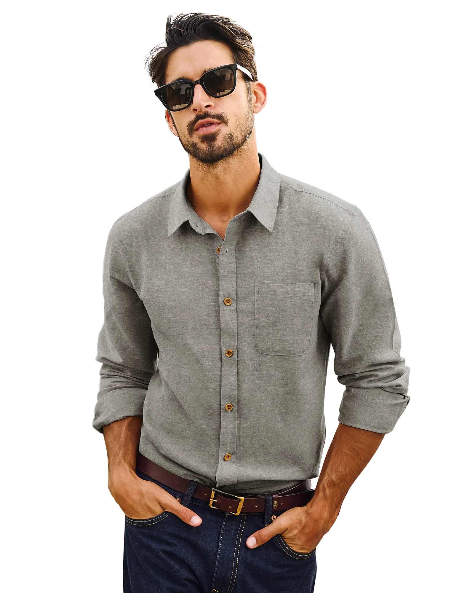 Men Cotton & Linen Shirt Casual Long Sleeve Lapel Collar Curved Hem Tops - Image 23