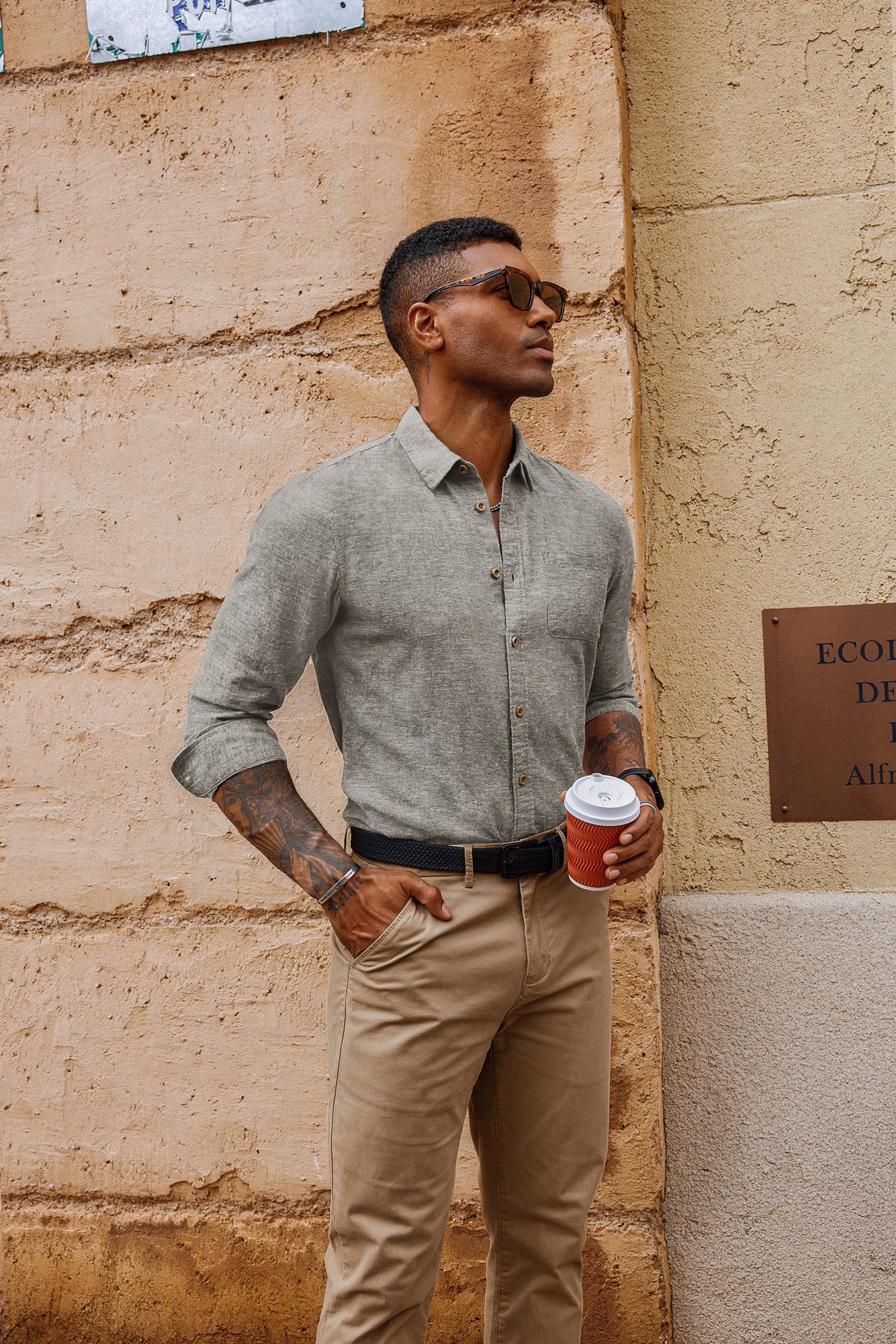 Men Cotton & Linen Shirt Casual Long Sleeve Lapel Collar Curved Hem Tops - Image 25
