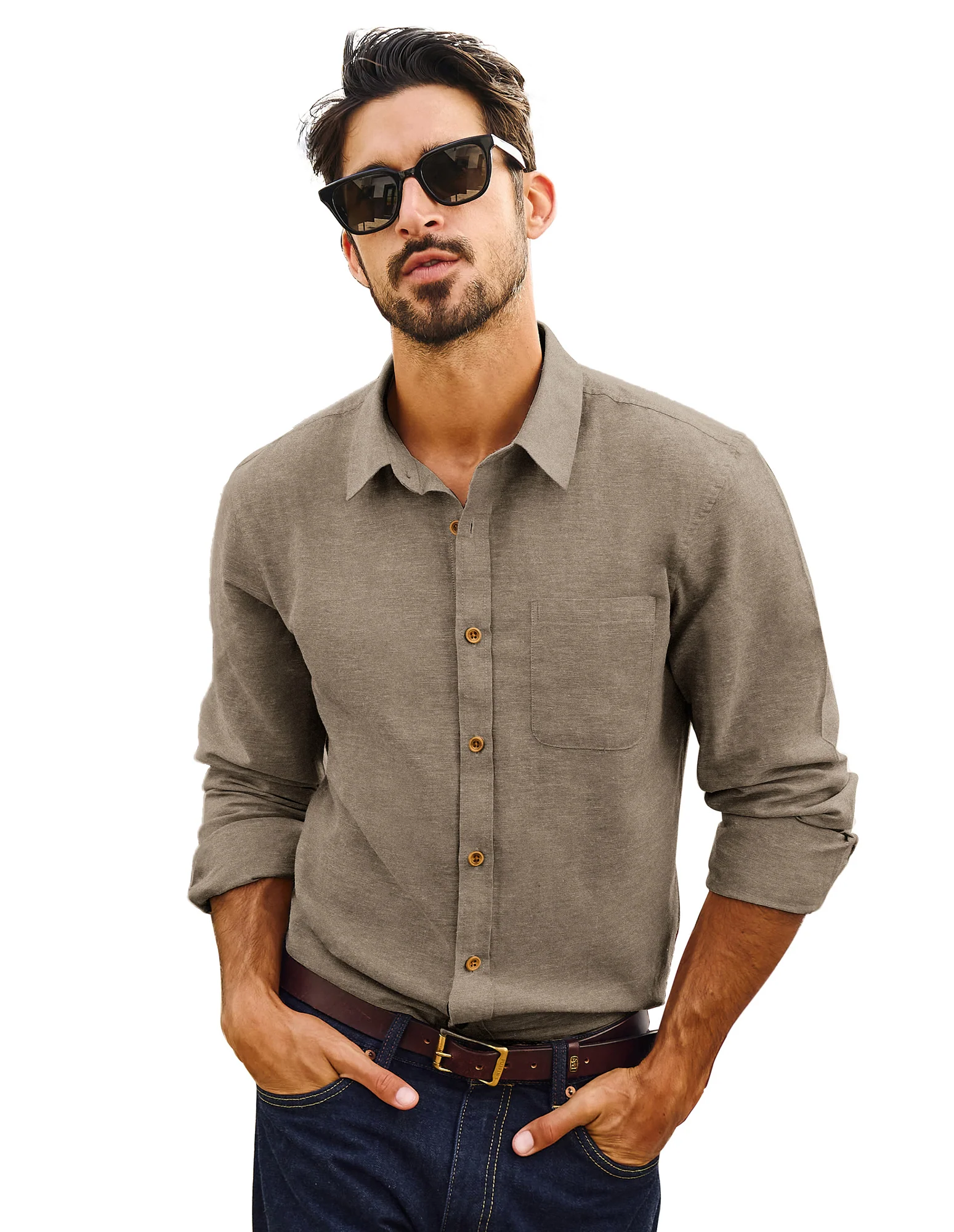 Men Cotton & Linen Shirt Casual Long Sleeve Lapel Collar Curved Hem Tops - Image 31