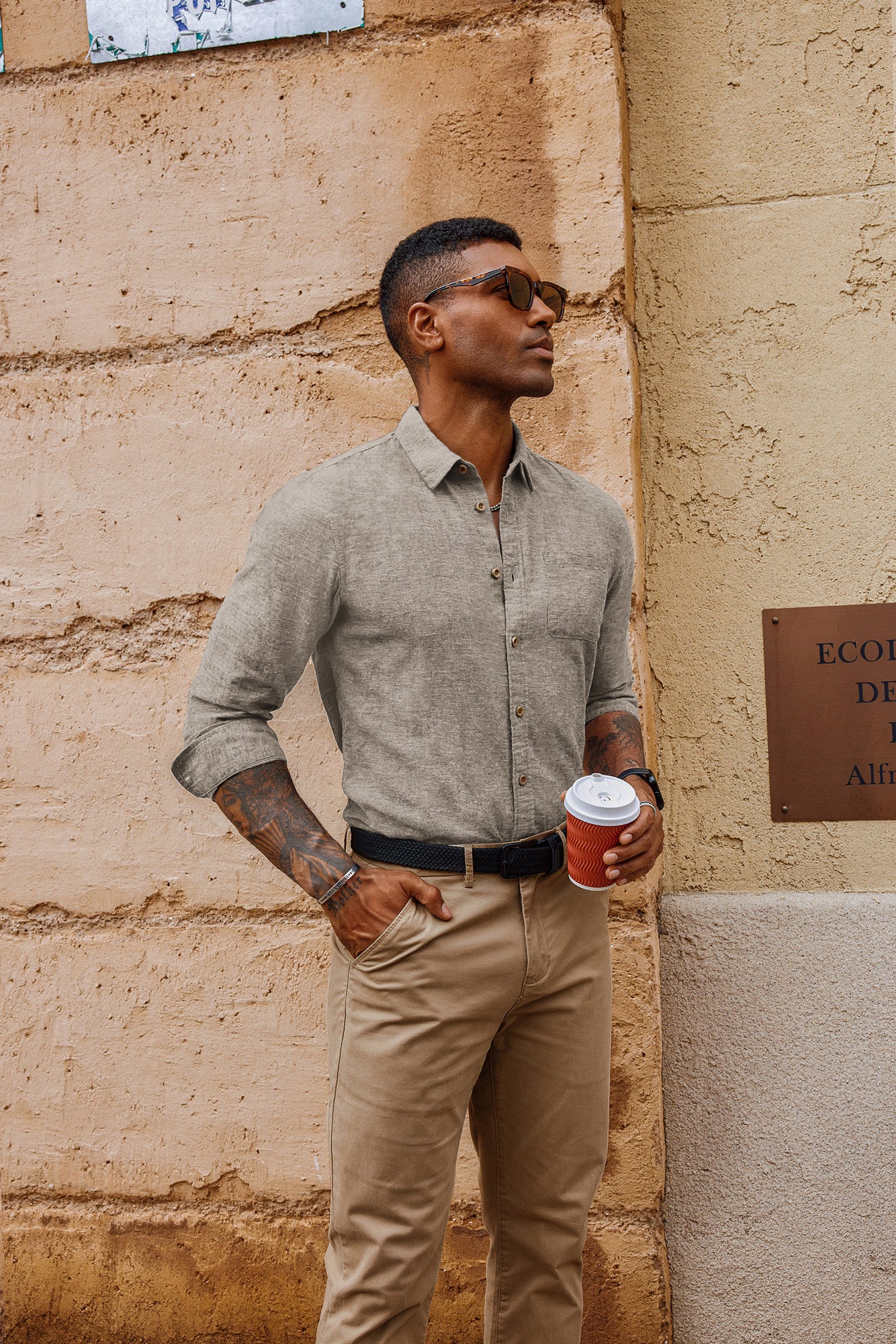 Men Cotton & Linen Shirt Casual Long Sleeve Lapel Collar Curved Hem Tops - Image 45