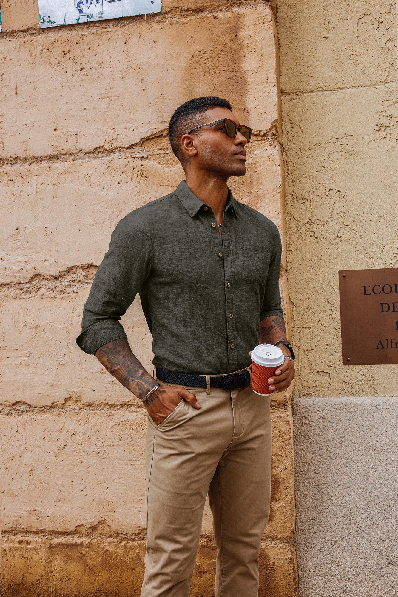 Men Cotton & Linen Shirt Casual Long Sleeve Lapel Collar Curved Hem Tops - Image 47