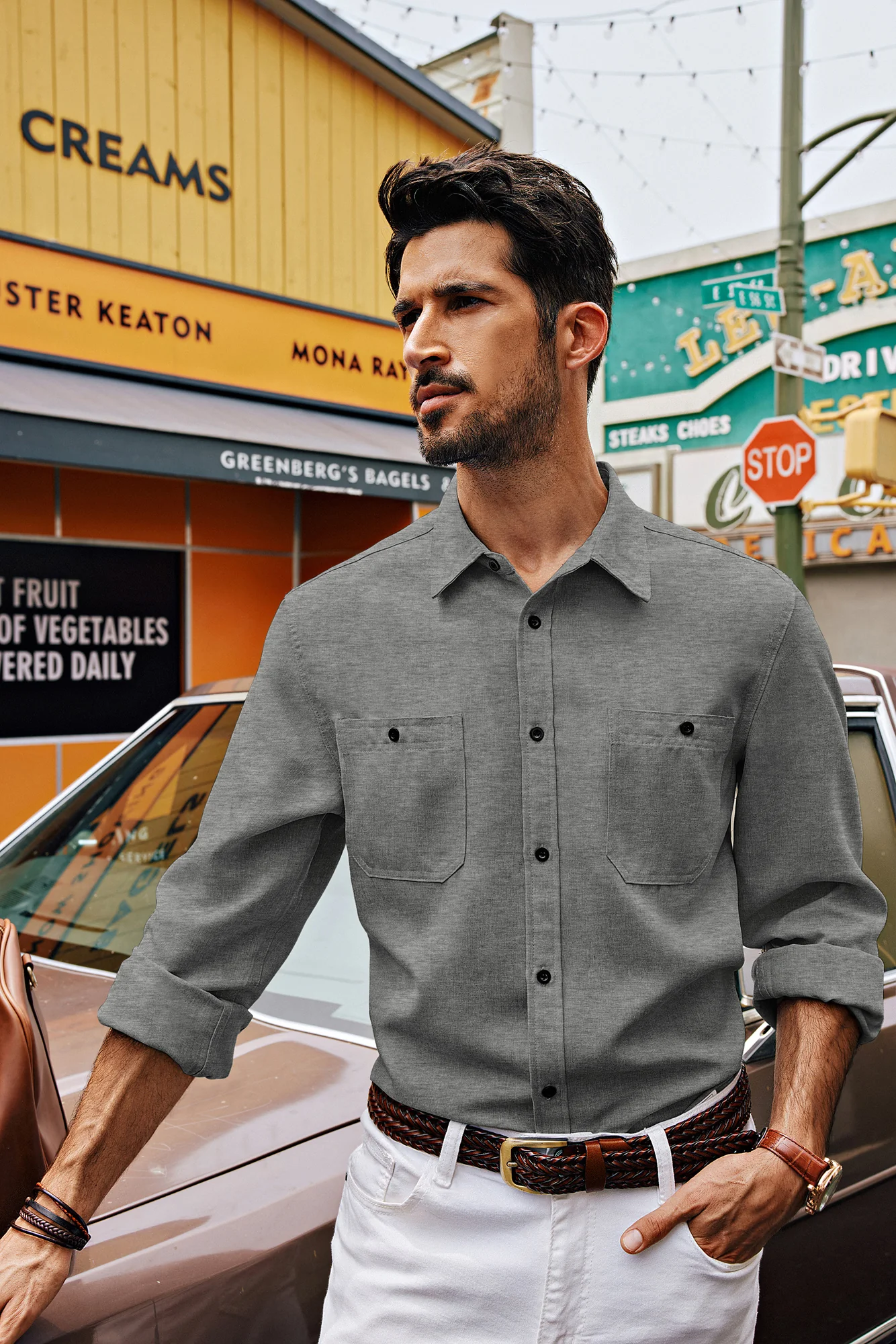 Men Curved Hem Shirt Casual Long Sleeve Classic Collar Button-up Tops - Image 23