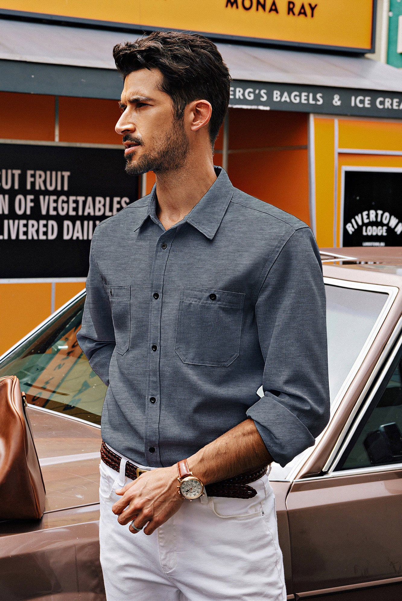 Men Curved Hem Shirt Casual Long Sleeve Classic Collar Button-up Tops - Image 29