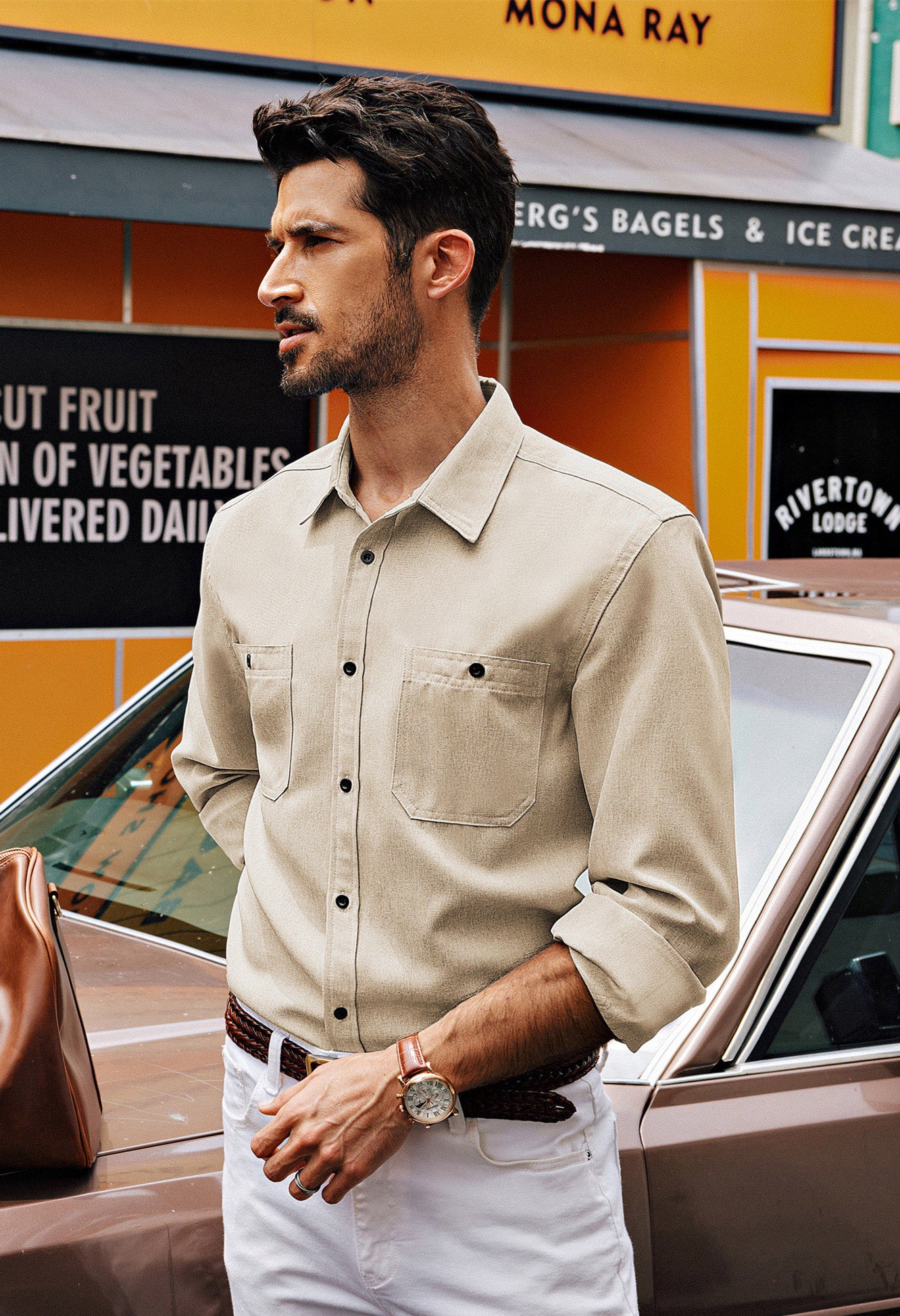 Men Curved Hem Shirt Casual Long Sleeve Classic Collar Button-up Tops - Image 4