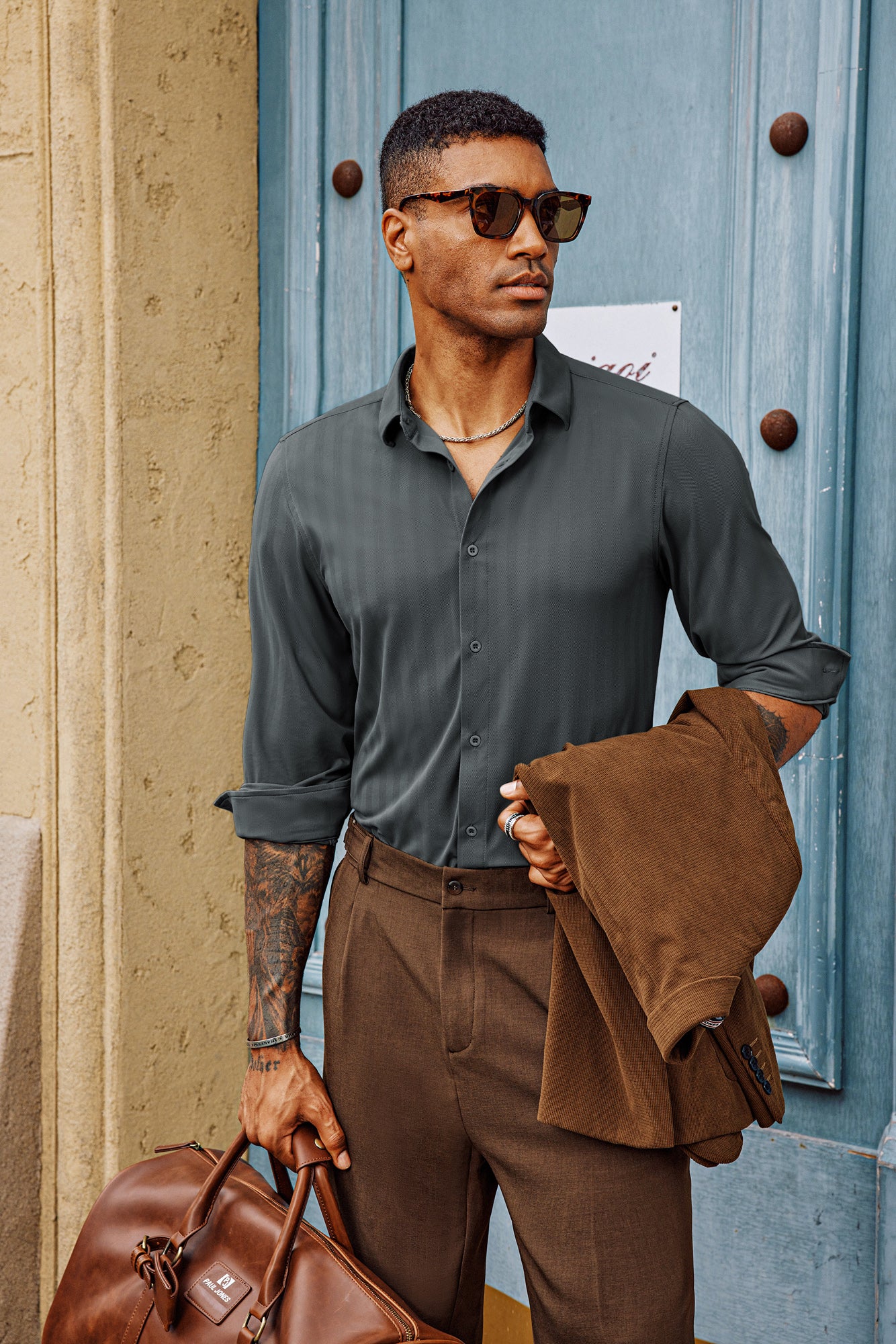 Men Curved Hem Shirt Casual Long Sleeve Classic Collar Button-up Tops - Image 10