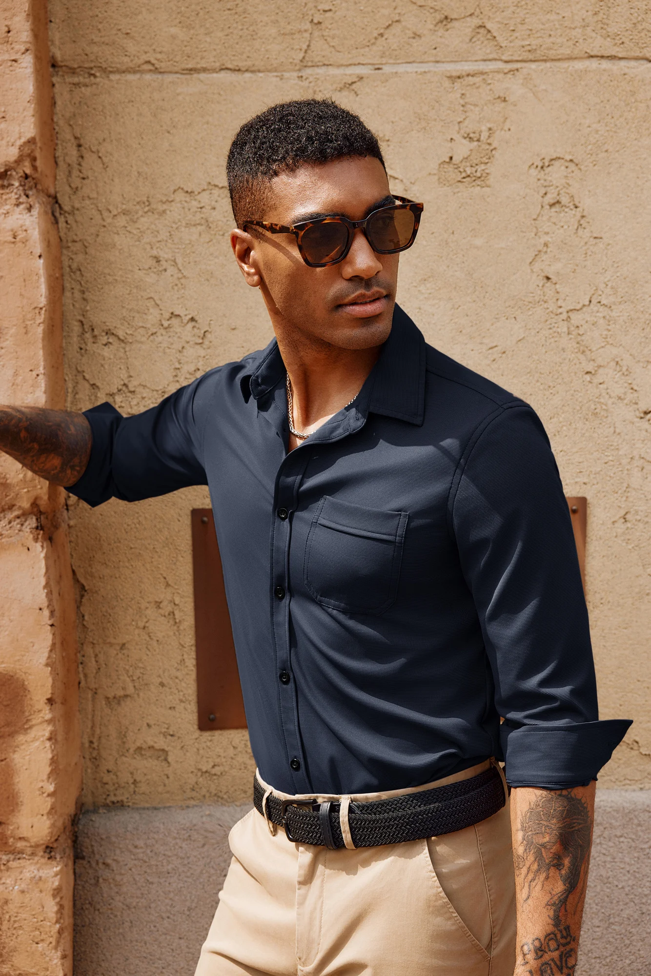 Men Curved Hem Shirt Casual Long Sleeve Classic Collar Button-up Tops - Image 9