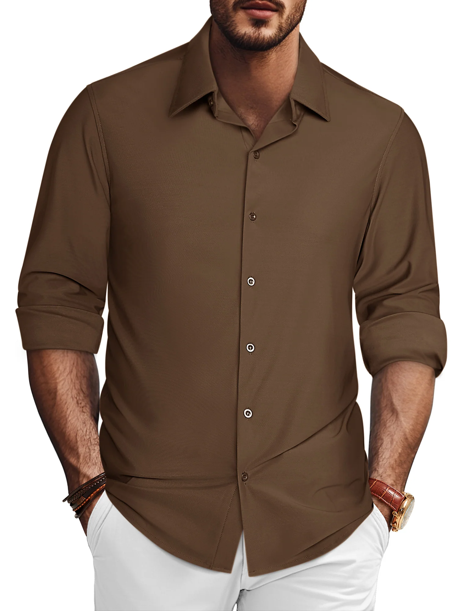 Men Curved Hem Shirt Casual Long Sleeve Classic Collar Button-up Tops - Image 33
