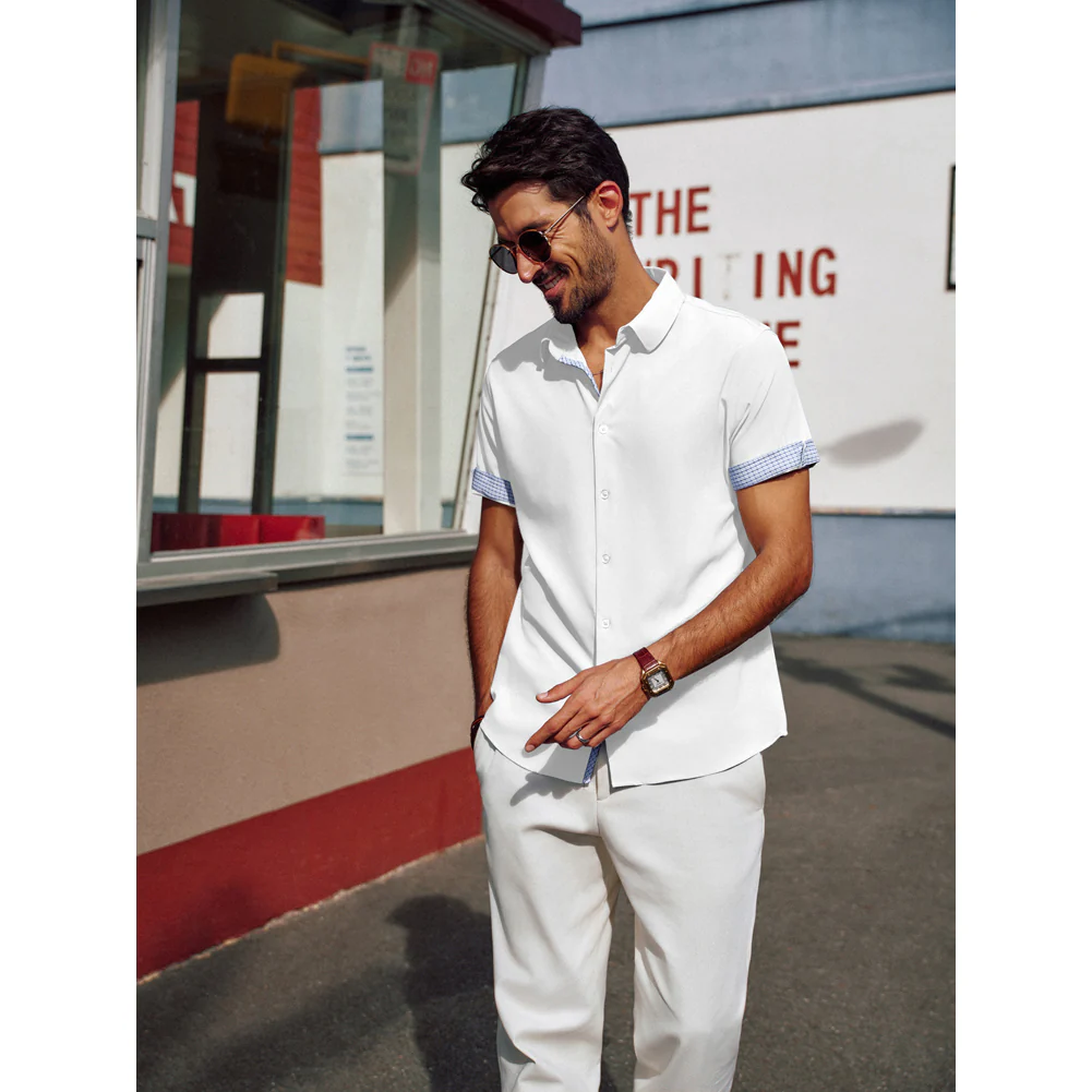 Men Curved Hem Shirt Casual Short Sleeve Classic Collar Button-up Tops - Image 10