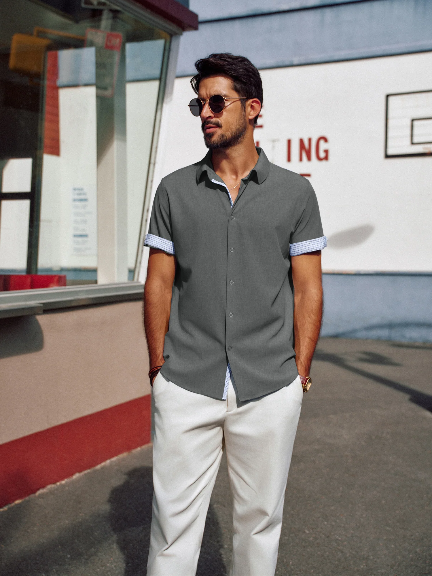 Men Curved Hem Shirt Casual Short Sleeve Classic Collar Button-up Tops - Image 17