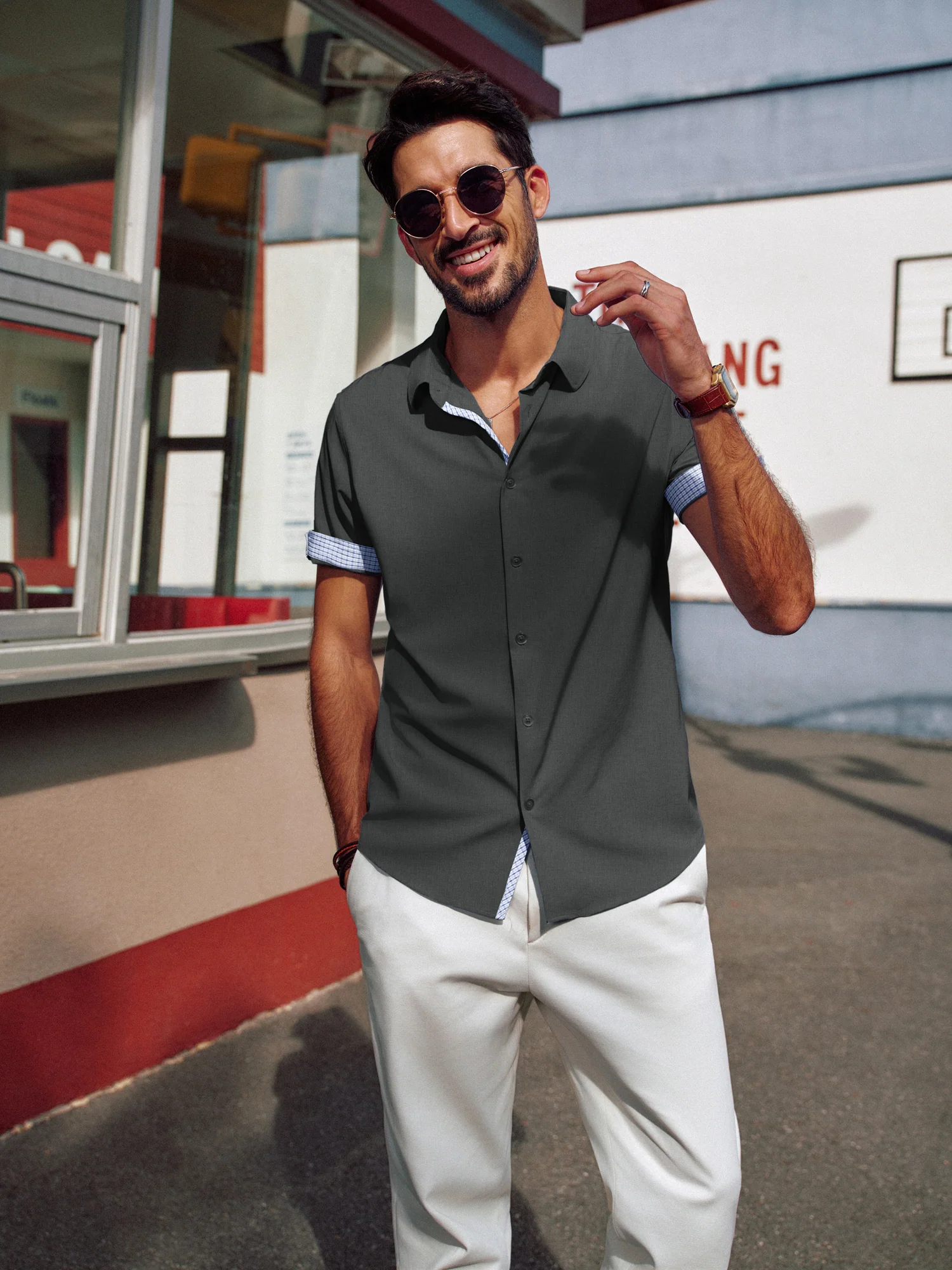 Men Curved Hem Shirt Casual Short Sleeve Classic Collar Button-up Tops - Image 23