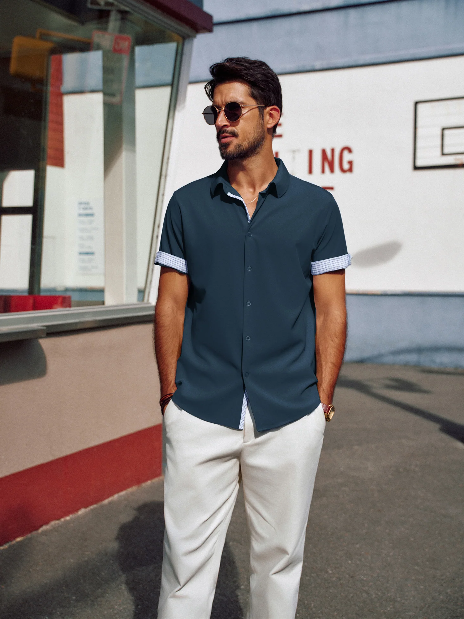 Men Curved Hem Shirt Casual Short Sleeve Classic Collar Button-up Tops - Image 25