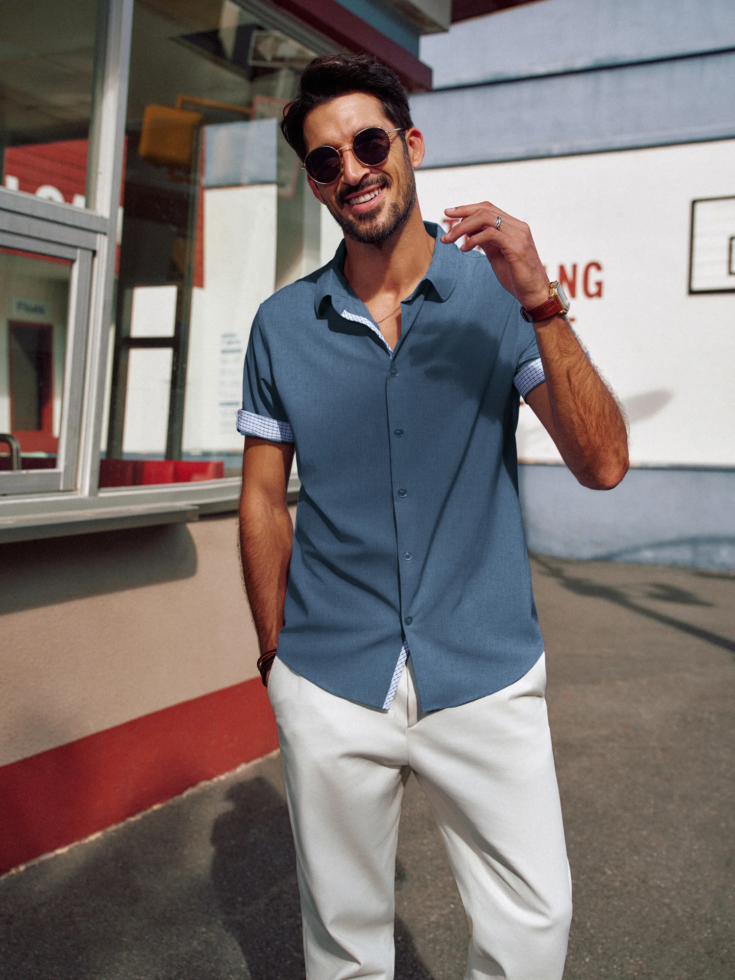 Men Curved Hem Shirt Casual Short Sleeve Classic Collar Button-up Tops - Image 31
