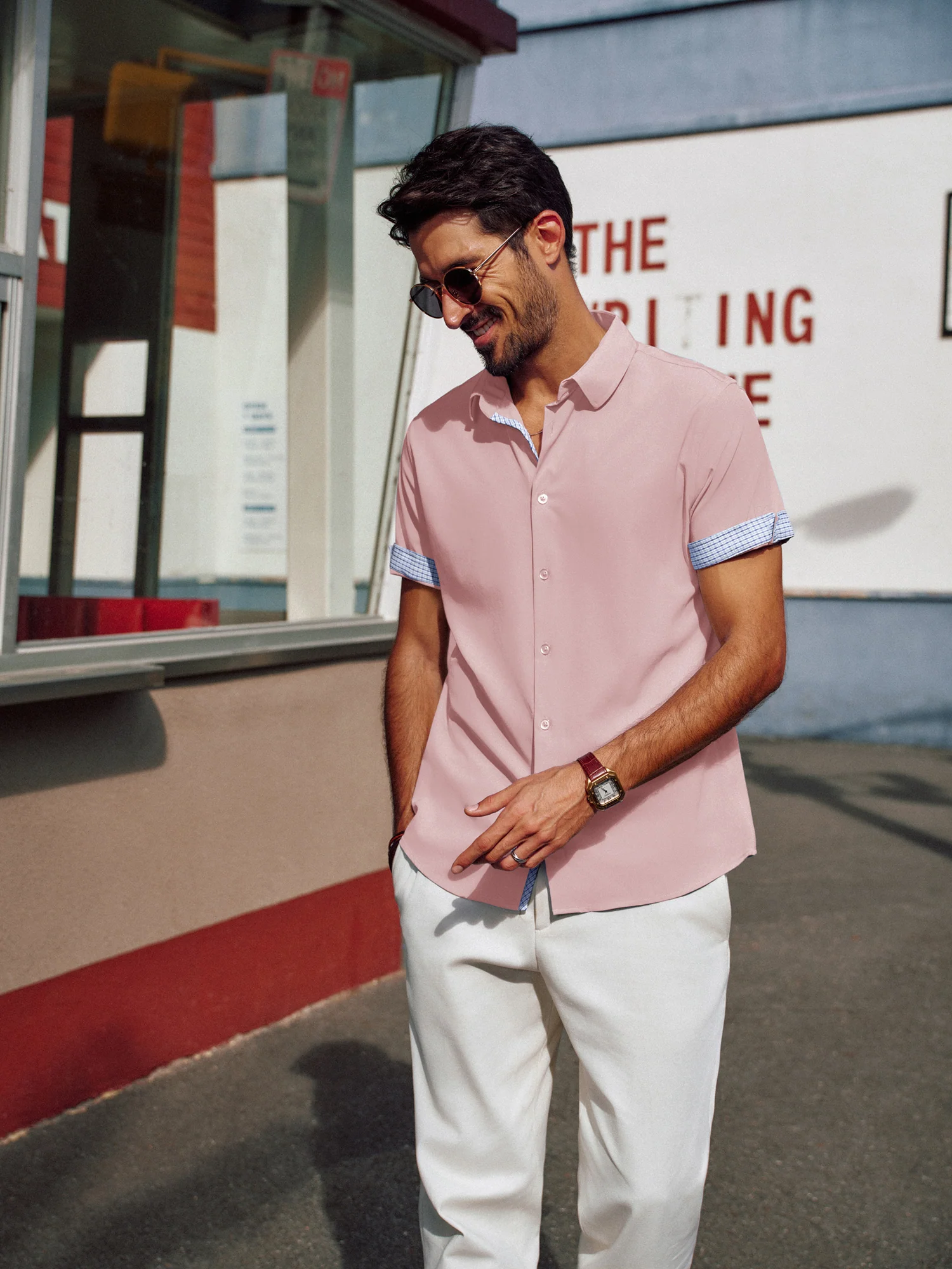 Men Curved Hem Shirt Casual Short Sleeve Classic Collar Button-up Tops - Image 34