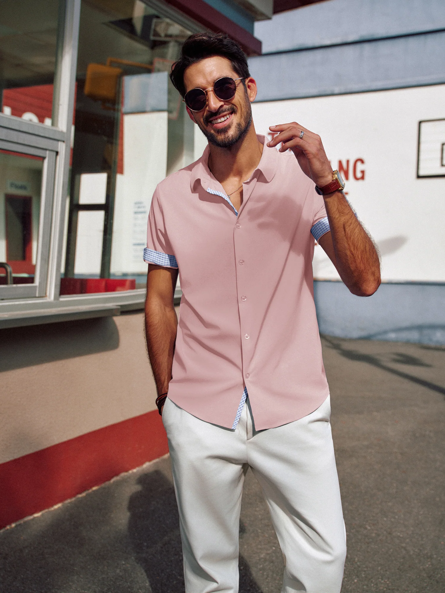 Men Curved Hem Shirt Casual Short Sleeve Classic Collar Button-up Tops - Image 35