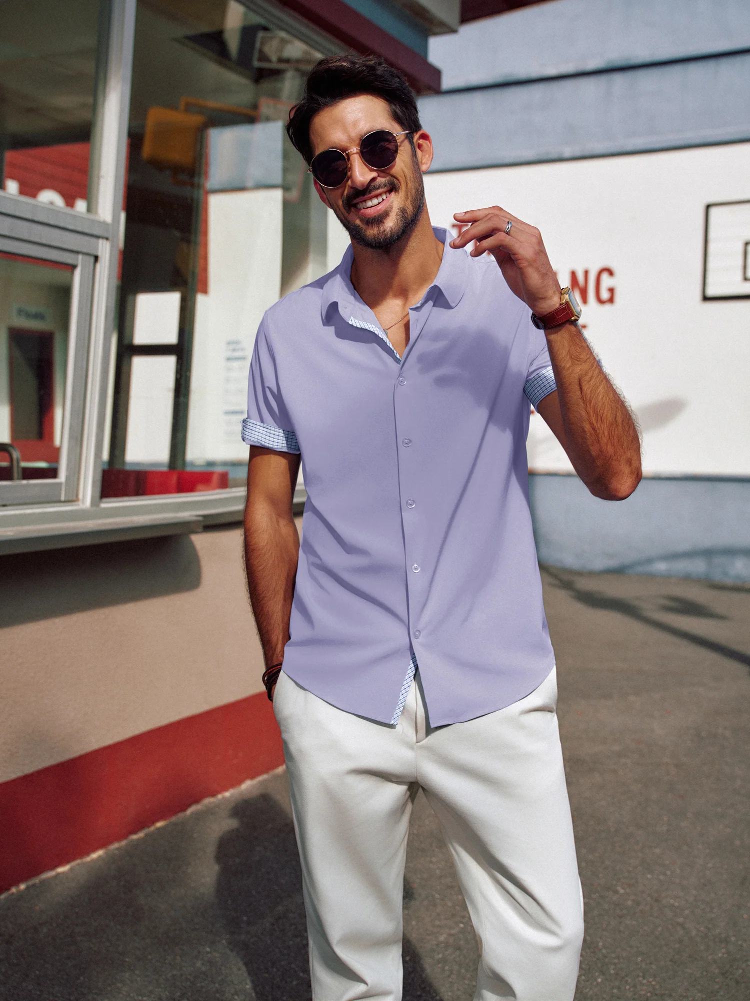 Men Curved Hem Shirt Casual Short Sleeve Classic Collar Button-up Tops - Image 43