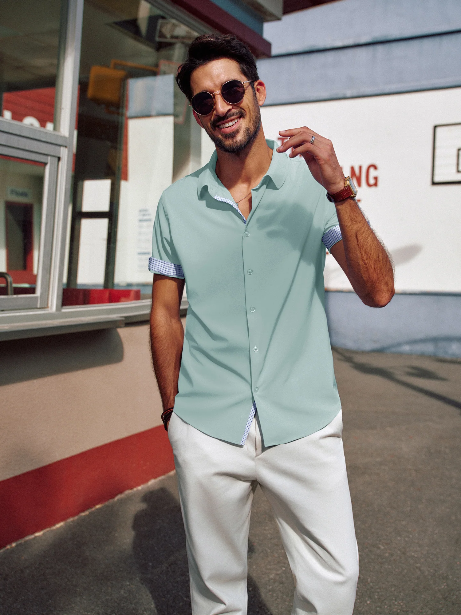 Men Curved Hem Shirt Casual Short Sleeve Classic Collar Button-up Tops - Image 47