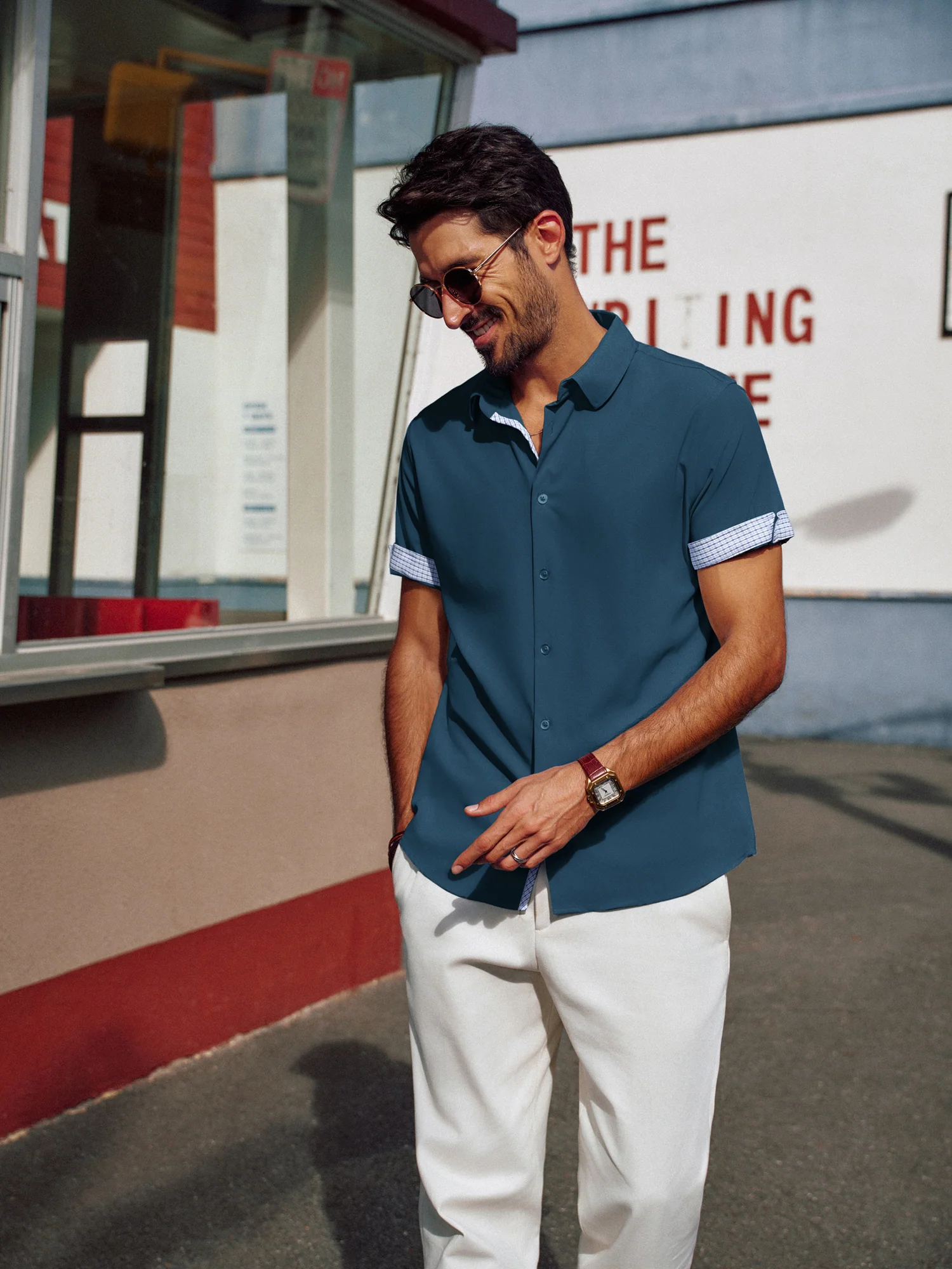 Men Curved Hem Shirt Casual Short Sleeve Classic Collar Button-up Tops - Image 6