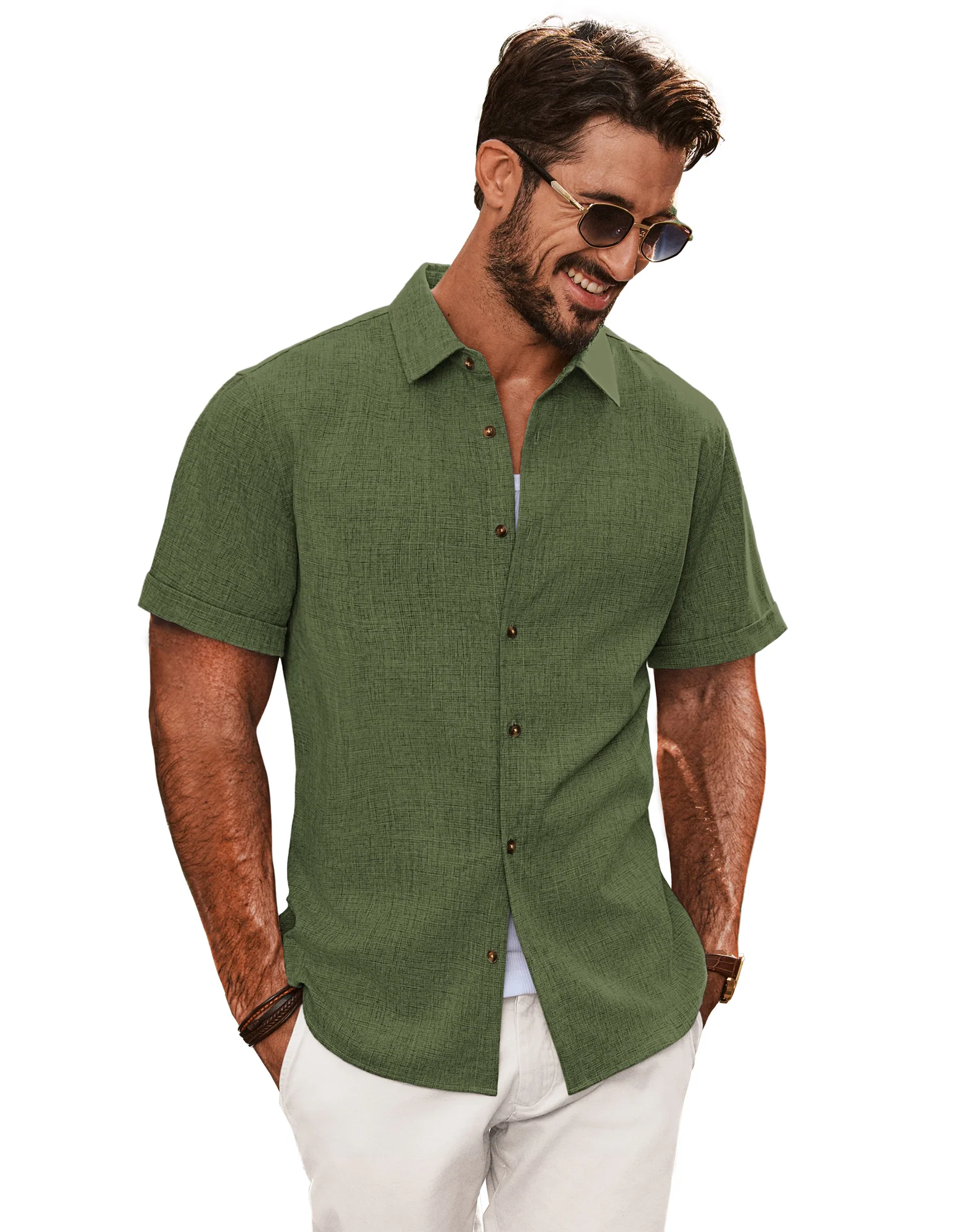 Men Curved Hem Shirt Casual Short Sleeve Lapel Collar Button-up Tops - Image 43