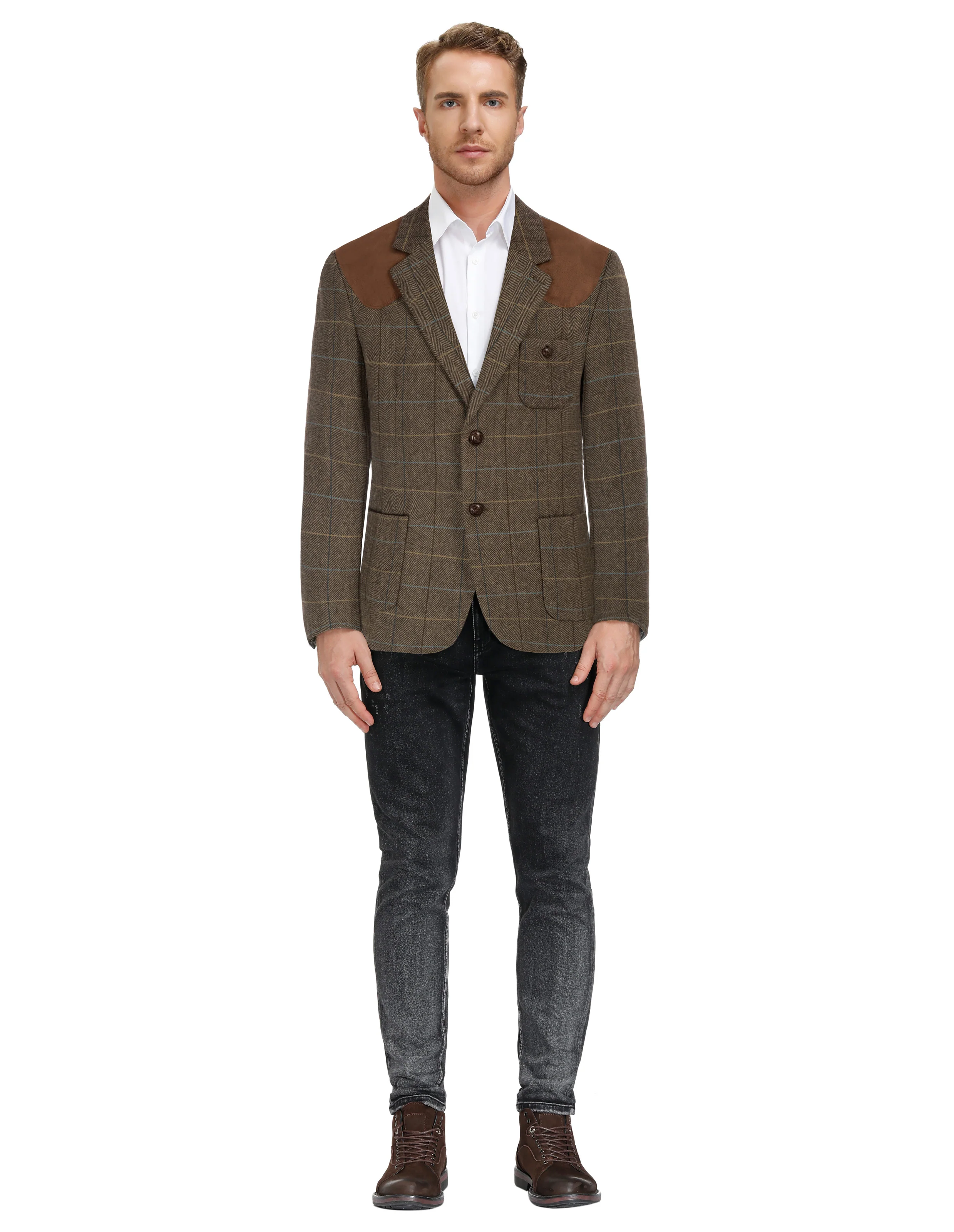 Men Faux Suede Patchwork Blazer Coat Notch Lapel Two-Button Back Slit Coat - Image 4