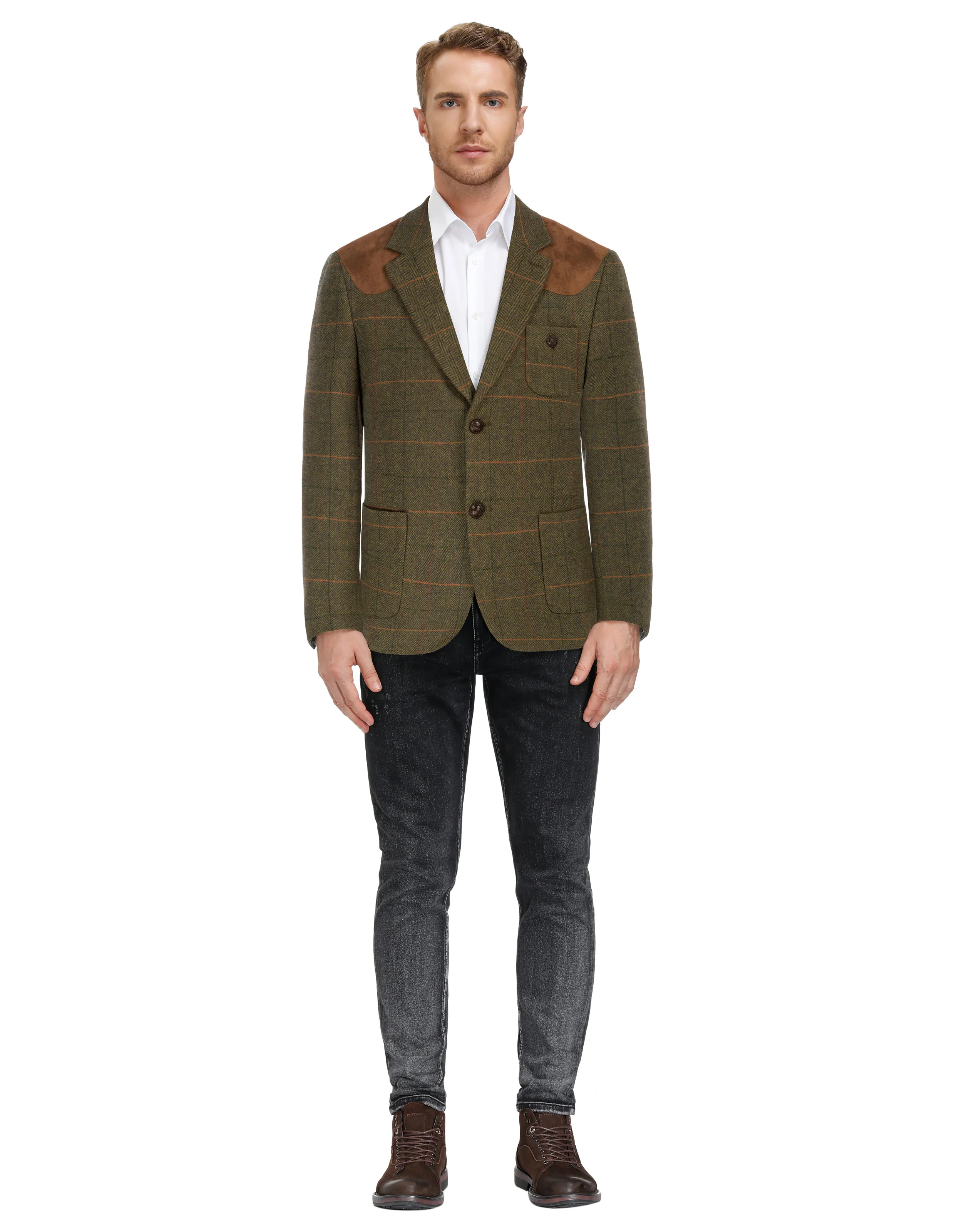 Men Faux Suede Patchwork Blazer Coat Notch Lapel Two-Button Back Slit Coat - Image 7