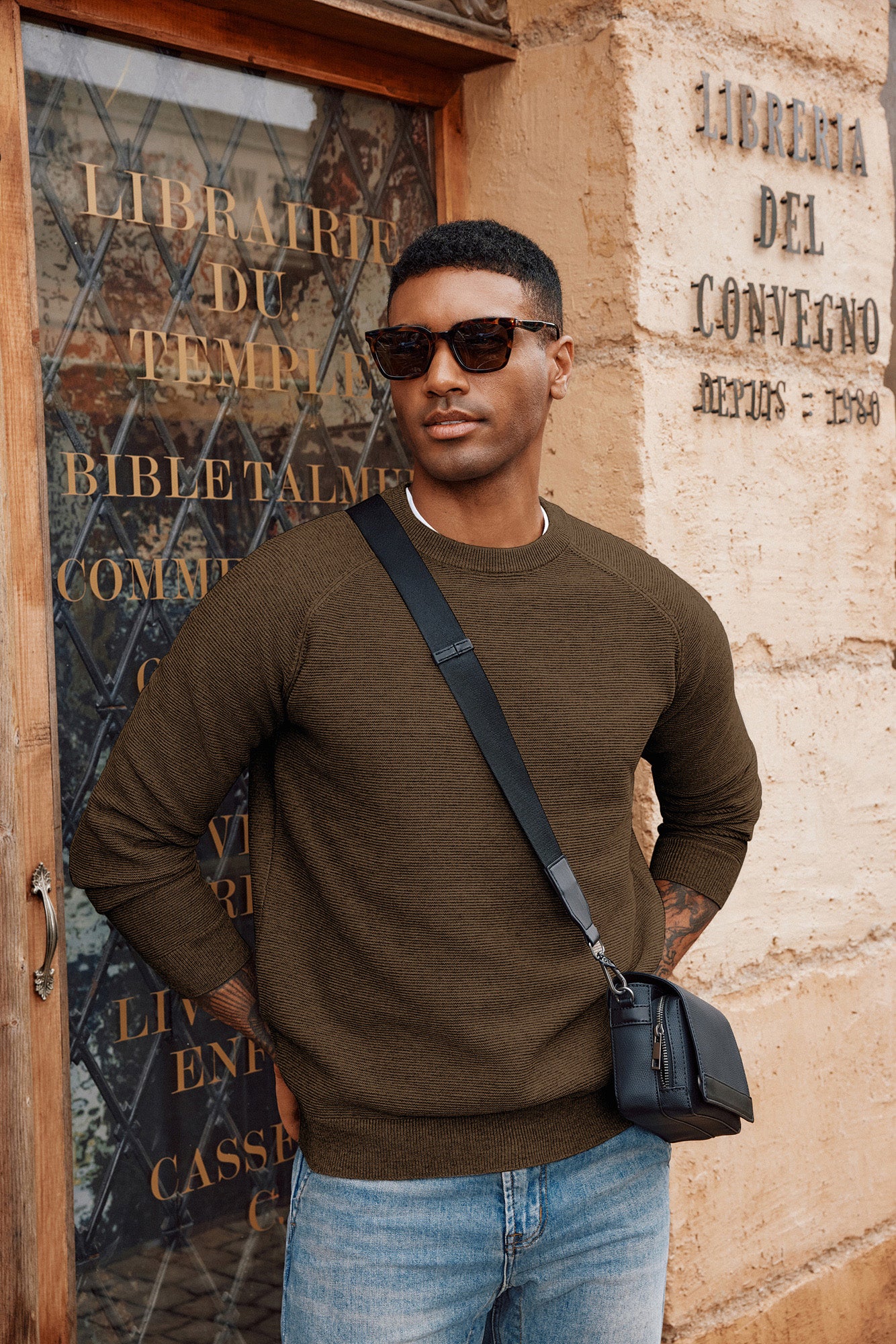 Men Fully Textured Sweater Long Raglan Sleeve Crew Neck Ribbed Cuff Pullover - Image 23