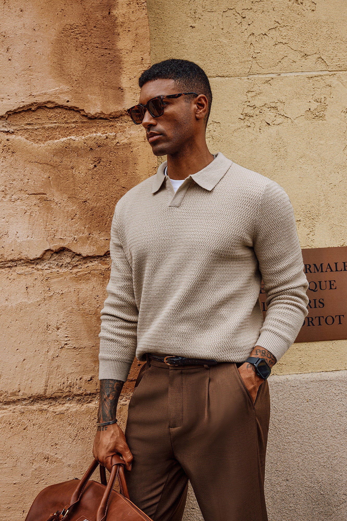 Men Fully Textured Sweater Long Sleeve Lapel Collar V-Neck Pullover Knitwear - Image 15