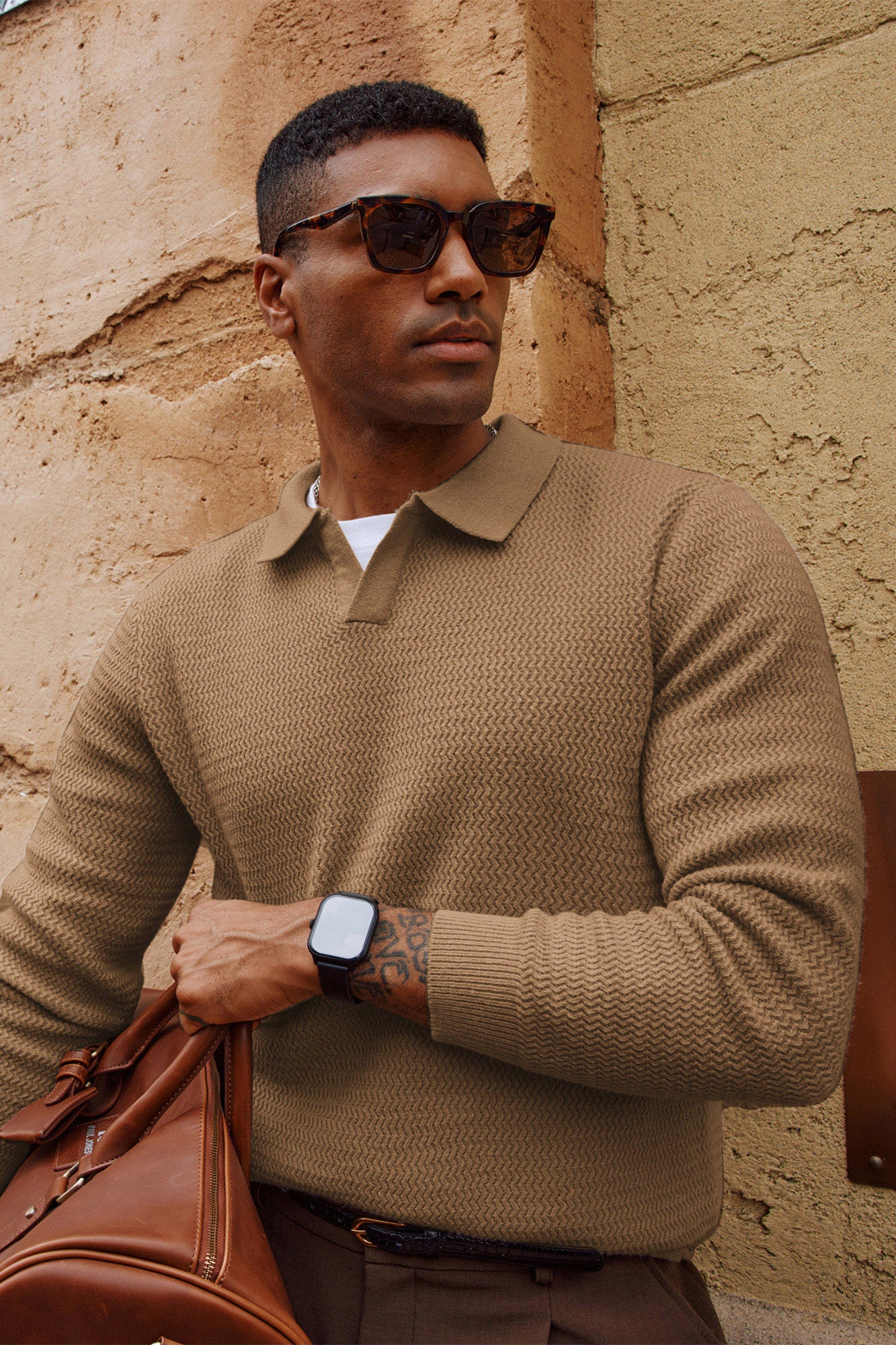 Men Fully Textured Sweater Long Sleeve Lapel Collar V-Neck Pullover Knitwear - Image 32
