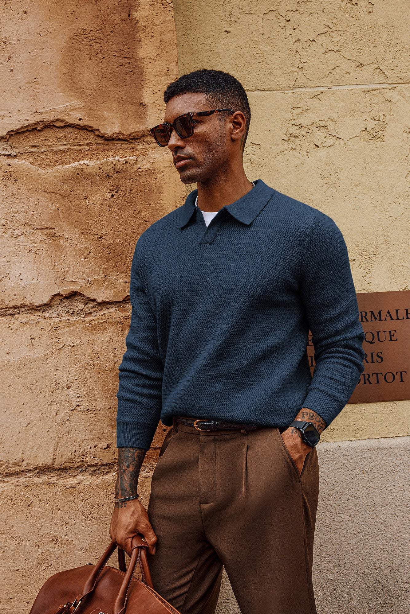 Men Fully Textured Sweater Long Sleeve Lapel Collar V-Neck Pullover Knitwear - Image 35