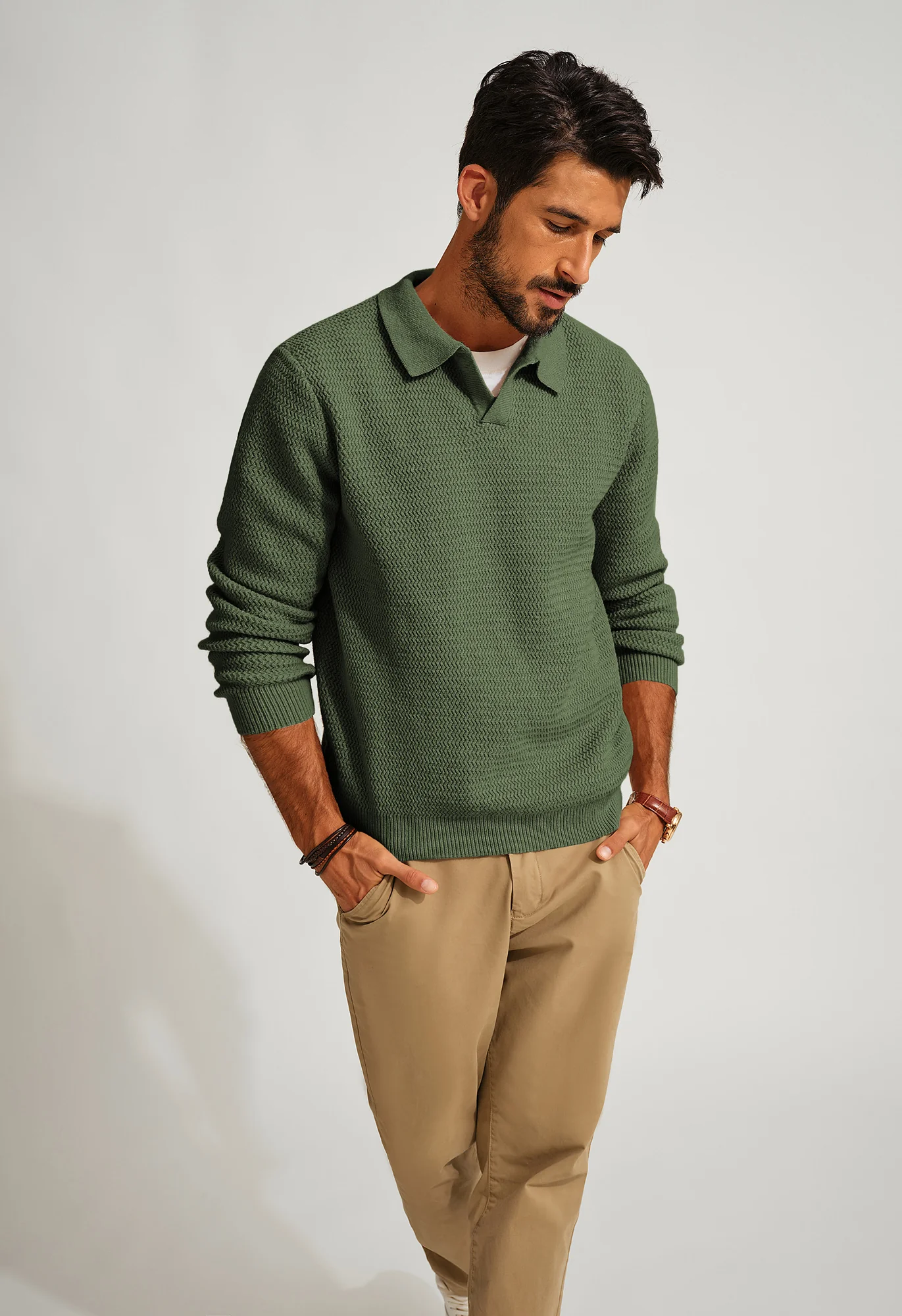 Men Fully Textured Sweater Long Sleeve Lapel Collar V-Neck Pullover Knitwear - Image 48