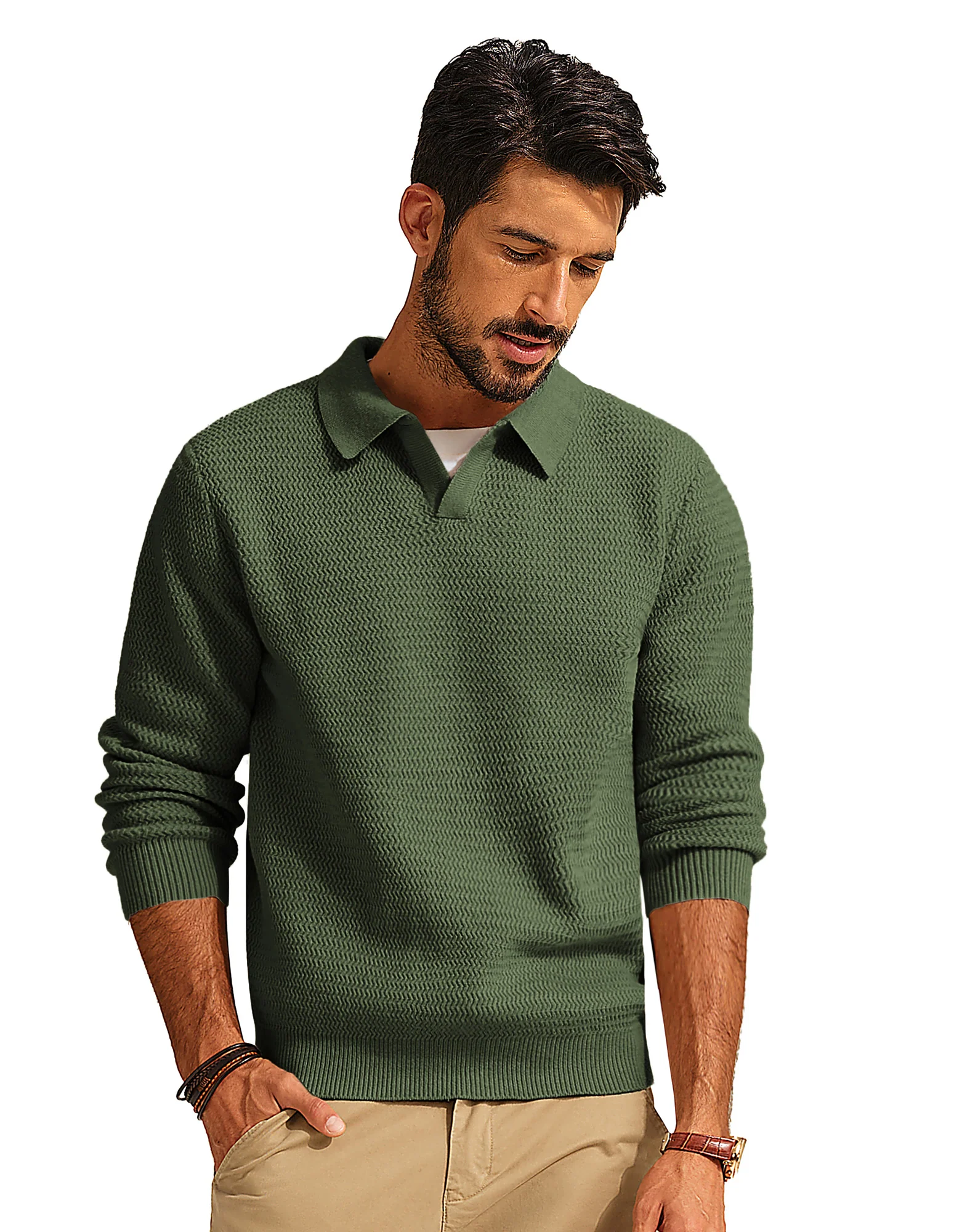 Men Fully Textured Sweater Long Sleeve Lapel Collar V-Neck Pullover Knitwear - Image 49