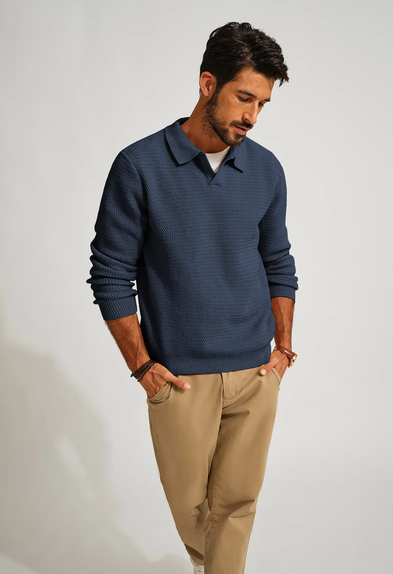 Men Fully Textured Sweater Long Sleeve Lapel Collar V-Neck Pullover Knitwear - Image 8