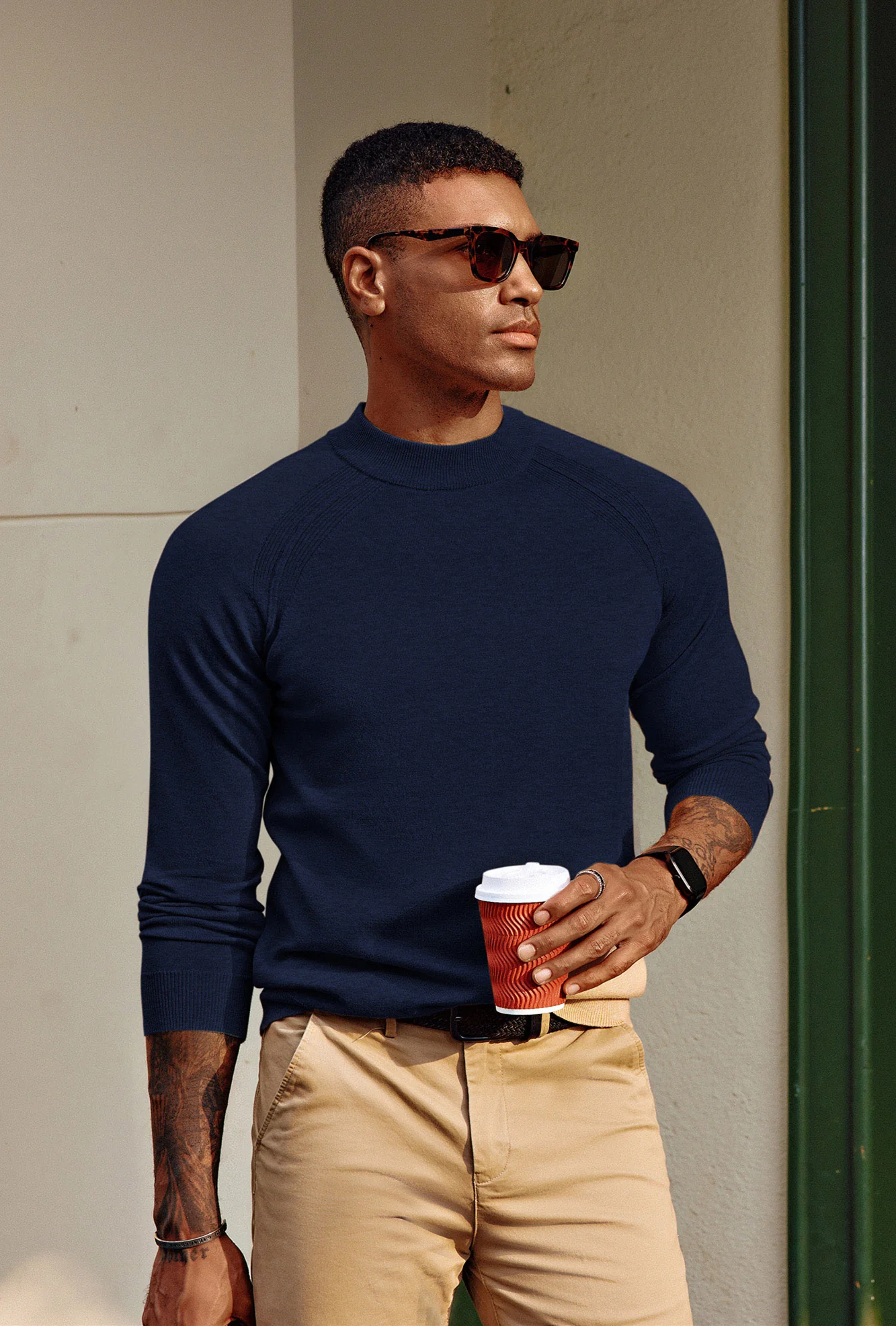 Men Half High-Neck Sweater Long Raglan Sleeve Ribbed Cuff Pullover Knitwear - Image 11
