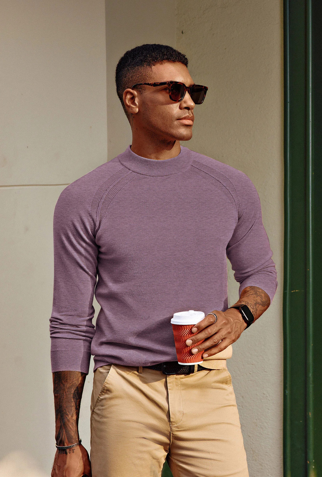 Men Half High-Neck Sweater Long Raglan Sleeve Ribbed Cuff Pullover Knitwear - Image 15