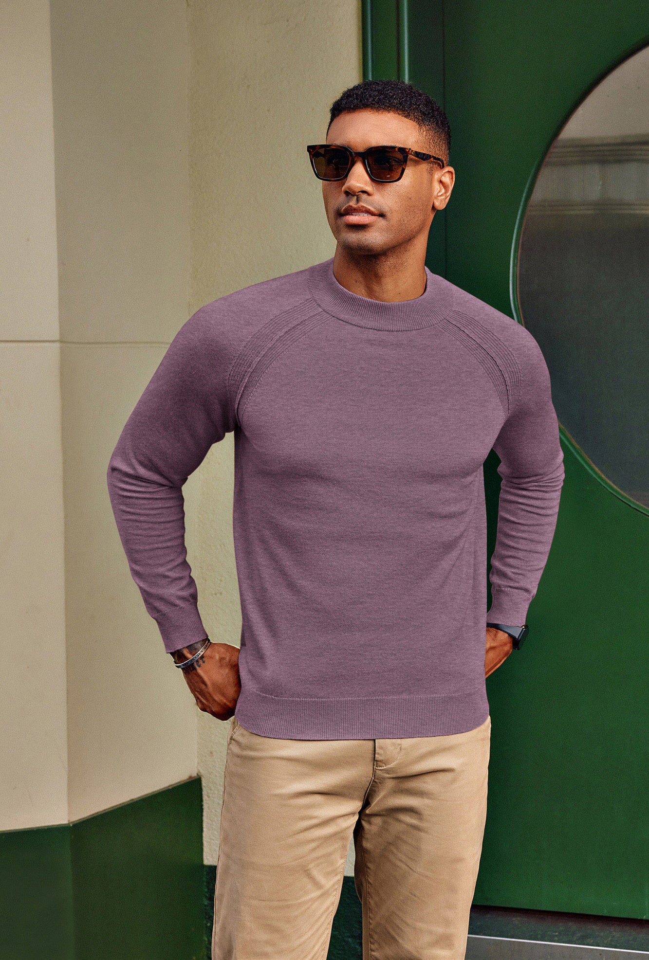 Men Half High-Neck Sweater Long Raglan Sleeve Ribbed Cuff Pullover Knitwear - Image 17