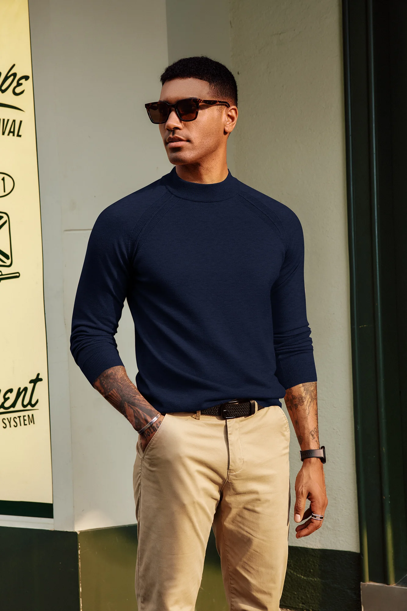 Men Half High-Neck Sweater Long Raglan Sleeve Ribbed Cuff Pullover Knitwear - Image 9