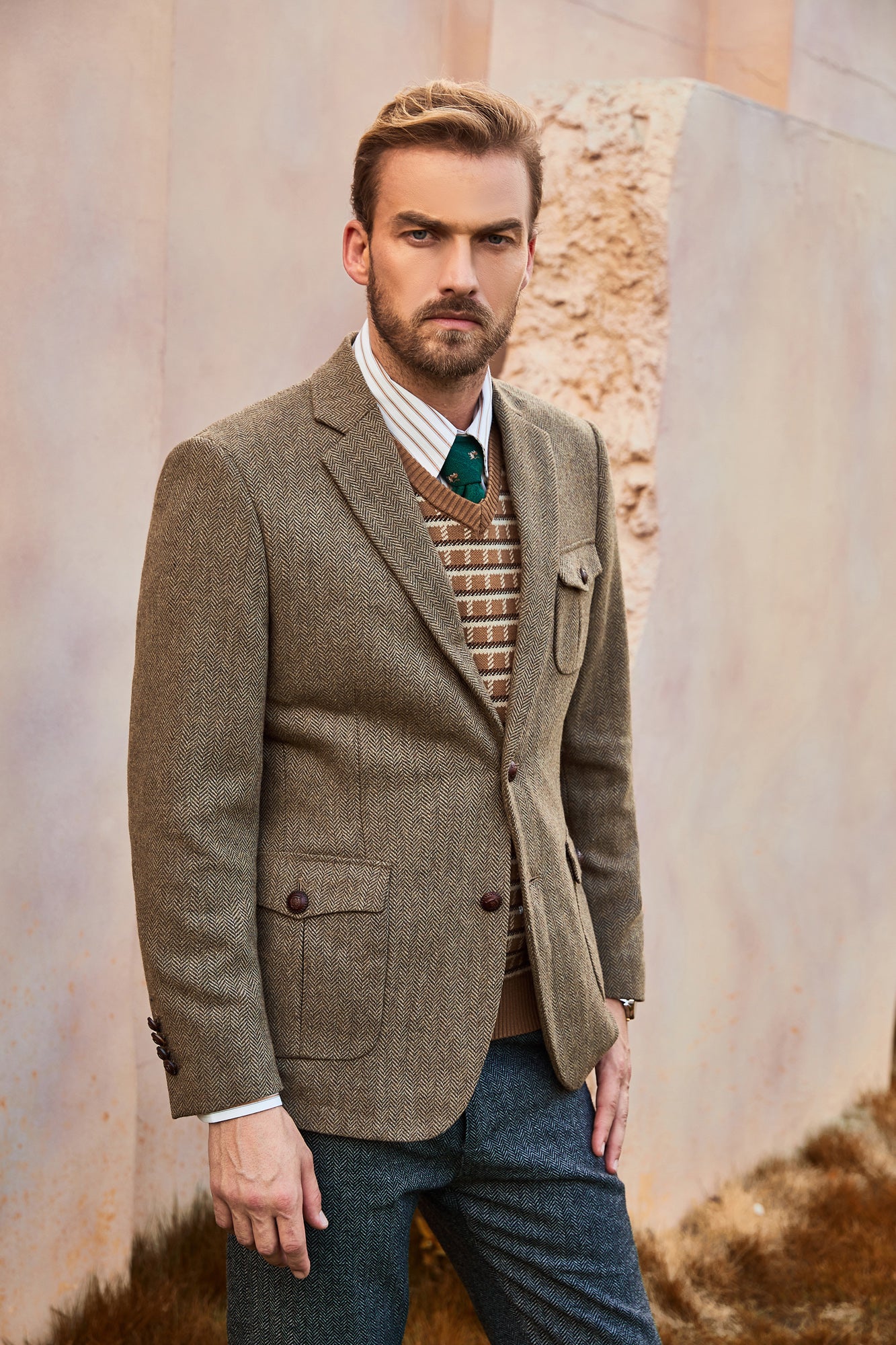 Men Herring Bone Textured Blazer Coat Notch Lapel Two Buttons Coat - Image 7