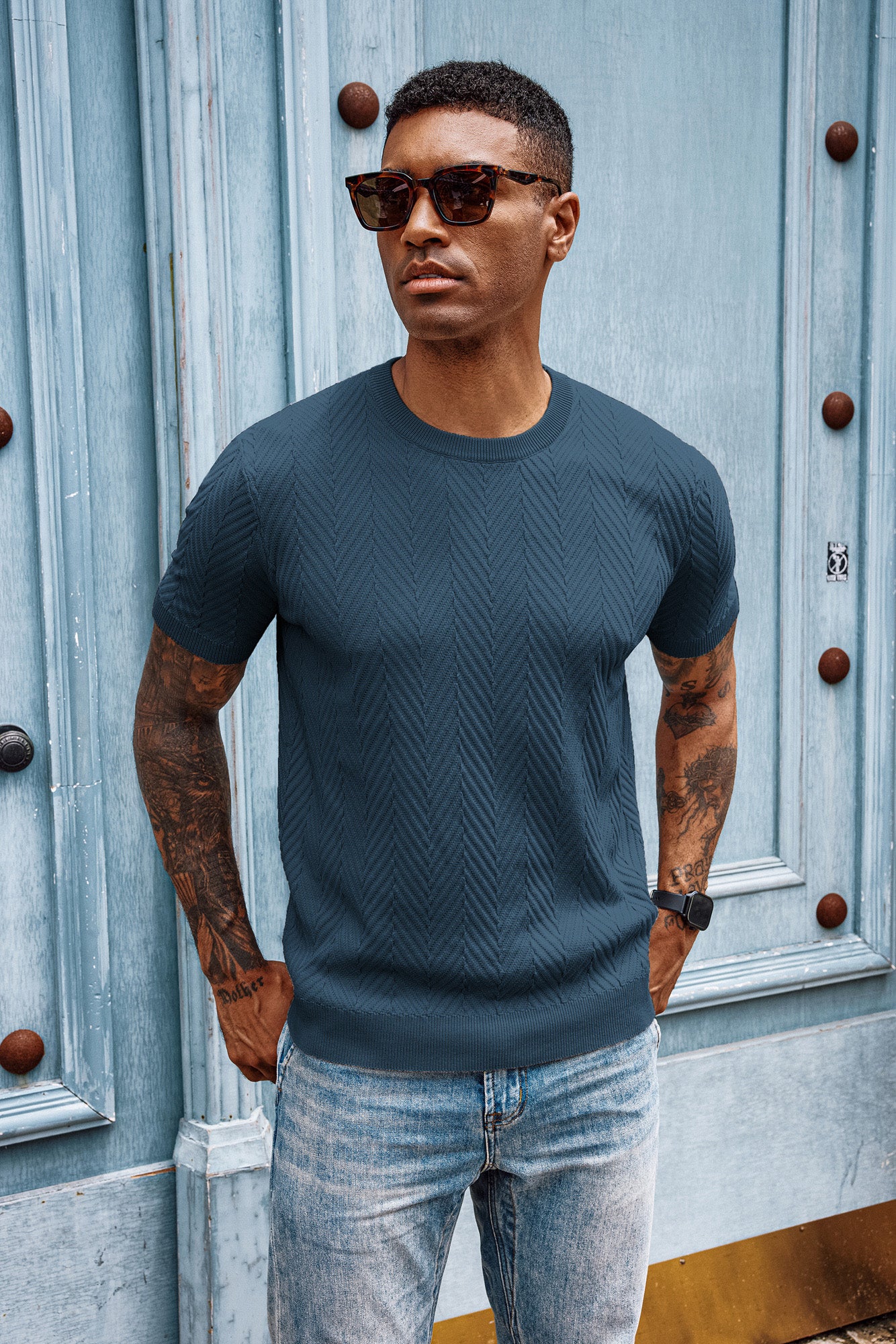 Men Herringbone Textured Sweater Short Sleeve Crew Neck Knitted T-Shirt - Image 10